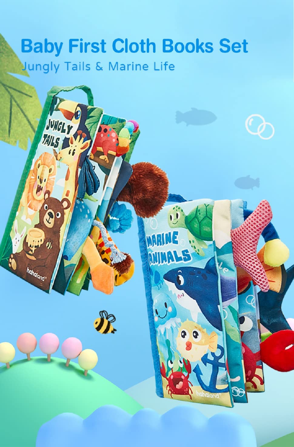 hahaland Baby Toys 0-6 Months - Crinkle Books for Babies 2PCS, Cloth Texture Tails Sensory Book 6-12 Months, Soft Tummy Time Toys 3 4 5 Month Newborn Infant Boys Gifts Christmas Baby Stocking Stuffers