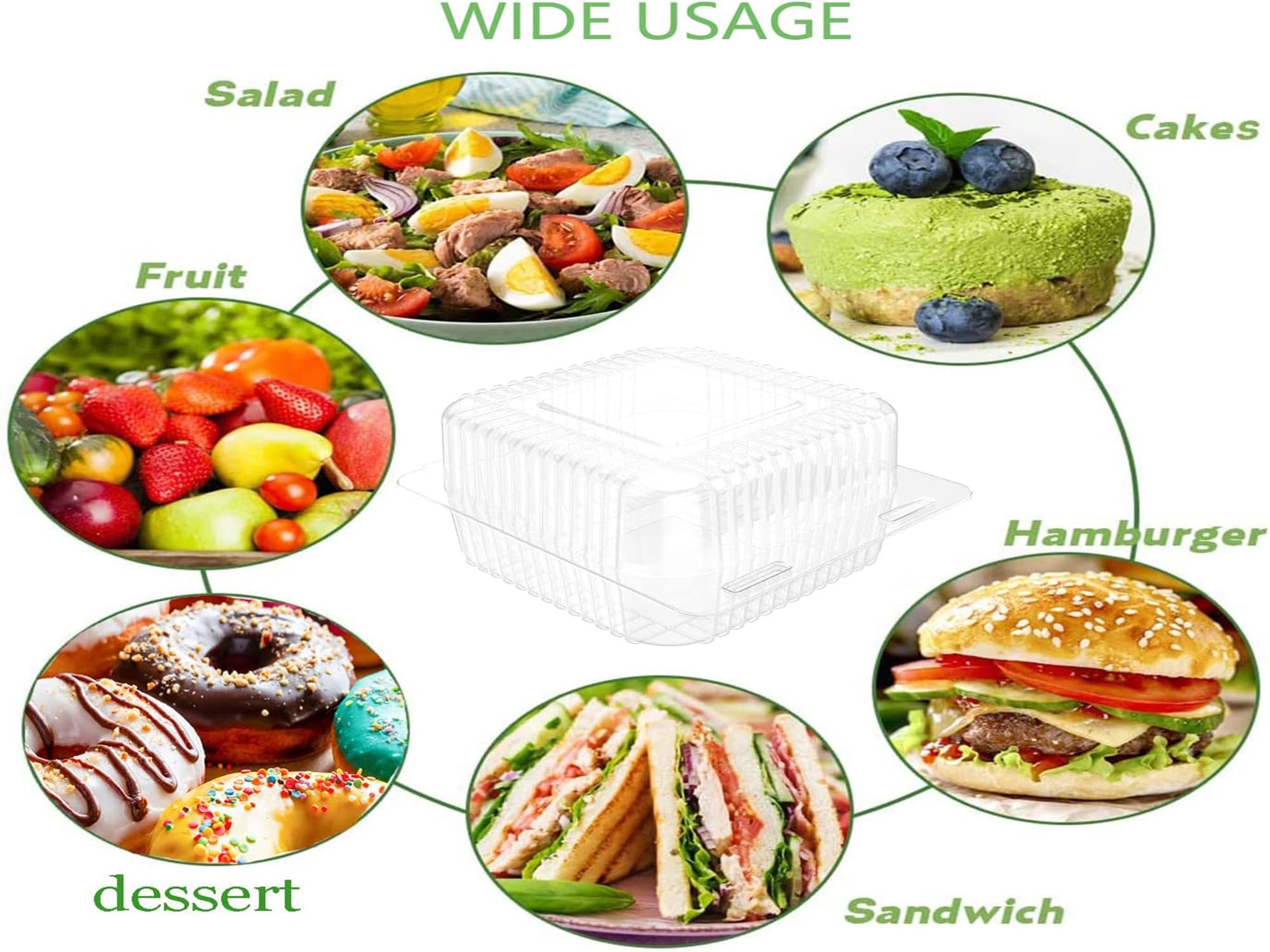 50 Count Clear Plastic Hinged Take Out Containers Clamshell Takeout Tray Food Clamshell Containers Outside Diameter for Dessert, Snacksetc, Cakes Slice, Cookies, Salads