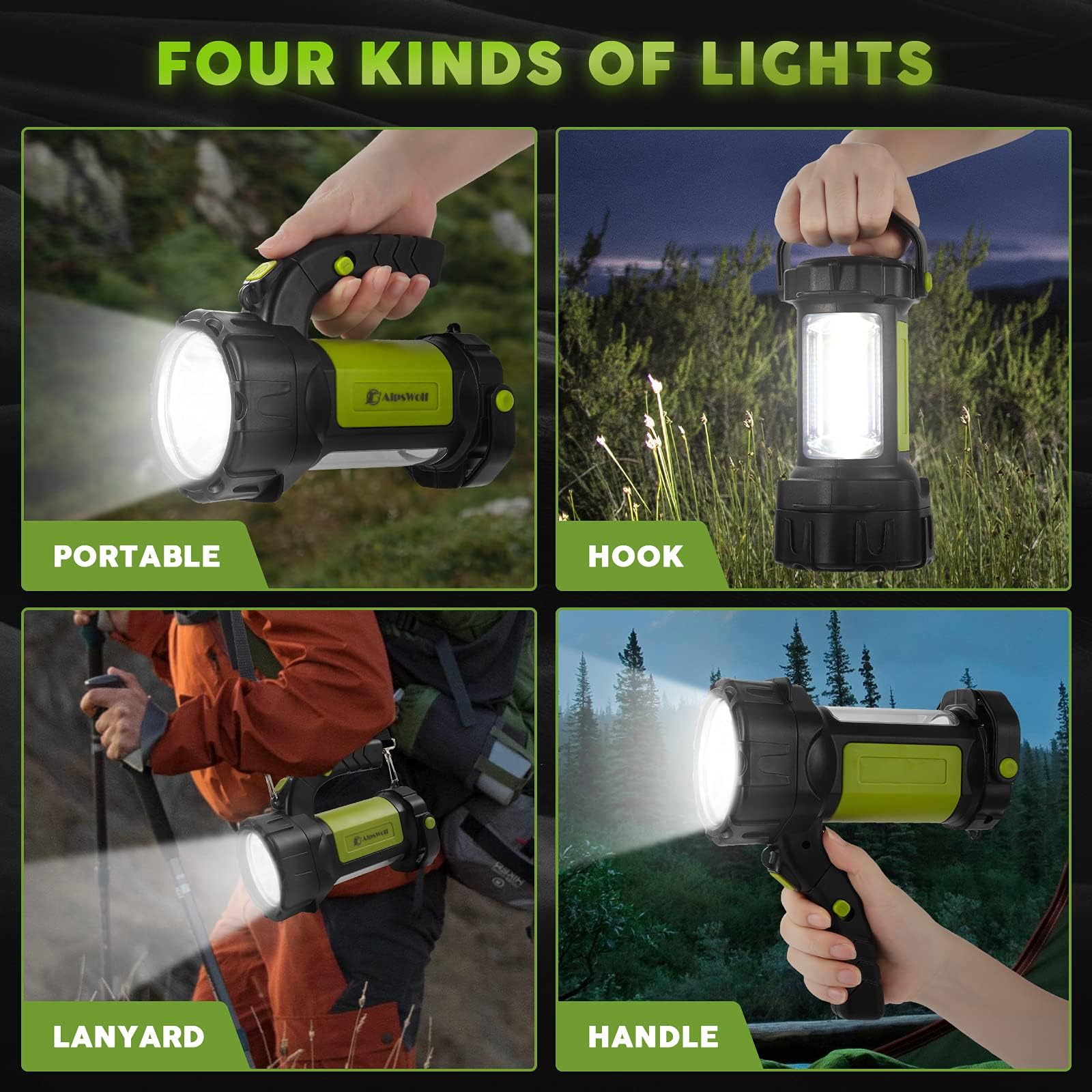 AlpsWolf Camping Lantern Rechargeable, LED Flashlight Spotlight Lantern with 800LM, 3600 mAh, Strap Included Portable Bright Camping Light for Emergency, Outdoor Hiking, Power Outages