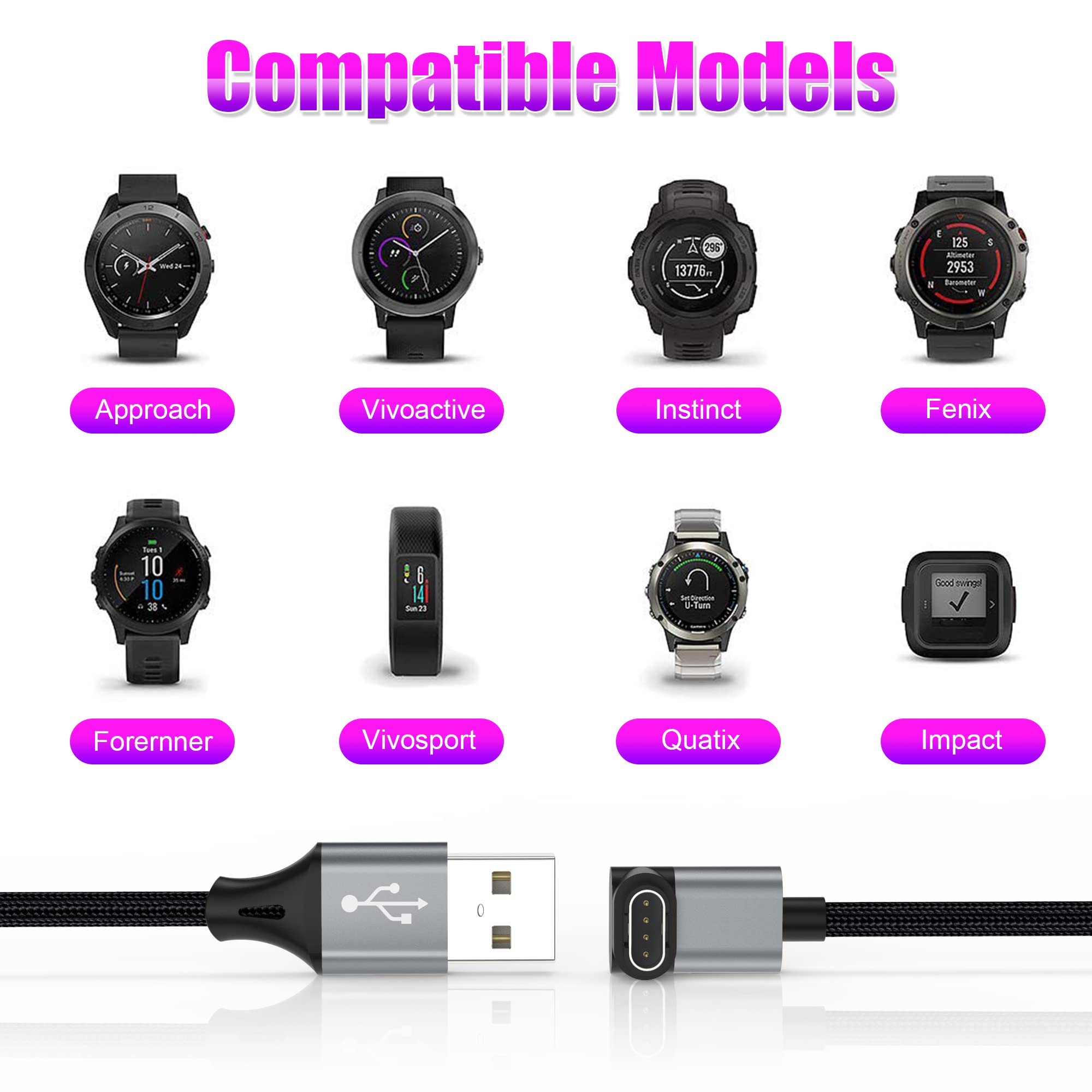 AGVEE 2 Pack 3.3ft Charger Cable for Garmin Watch, L-Shape Braided Charging Cord for Fenix, Forerunner, Vivoactive, Instinct, Venu, Tactix, Approach, D2, Quatix Series, Dark Gray