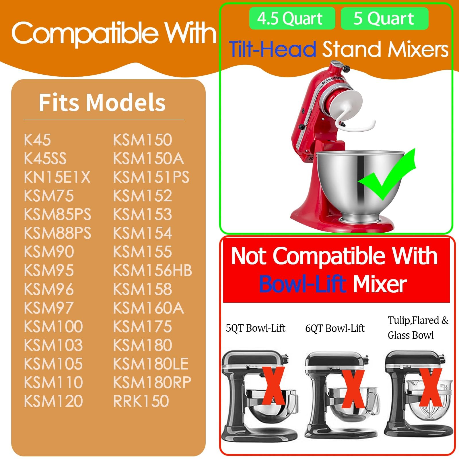 K45DH Coated Dough Hook for KitchenAid Mixer, Attachment for Kitchen Aid K45 K45SS KSM90 KSM150 Tilt-Head Stand Mixers, 4.5/5.0 Quart Bowel