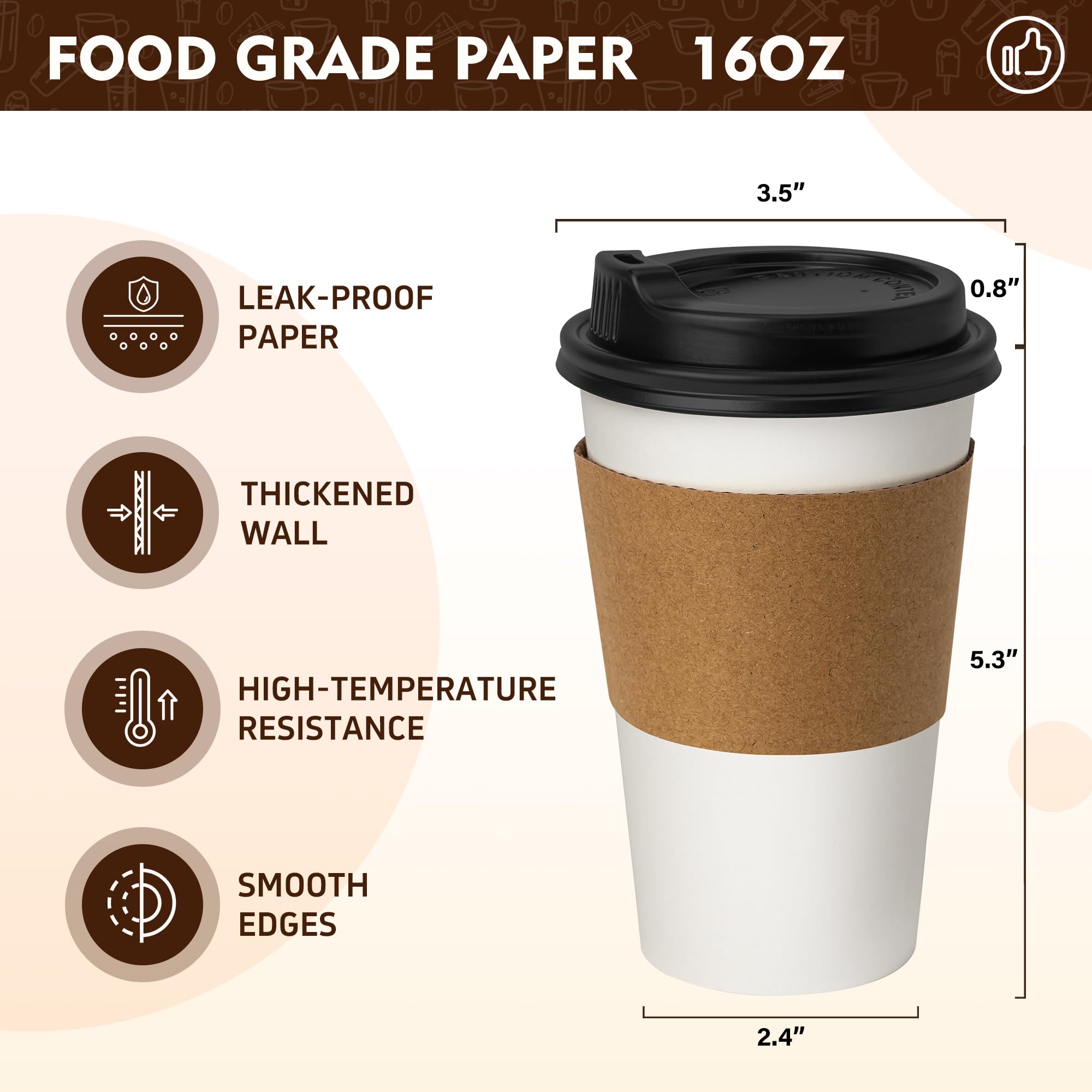 YEEHAW Disposable Coffee Cups with Lids 16 oz 50 Pack, Coffee cups with Lids and Sleeves, To Go Coffee Cups, Hot Paper Cups for Hot Beverages in Party, Family, Office, Upgraded