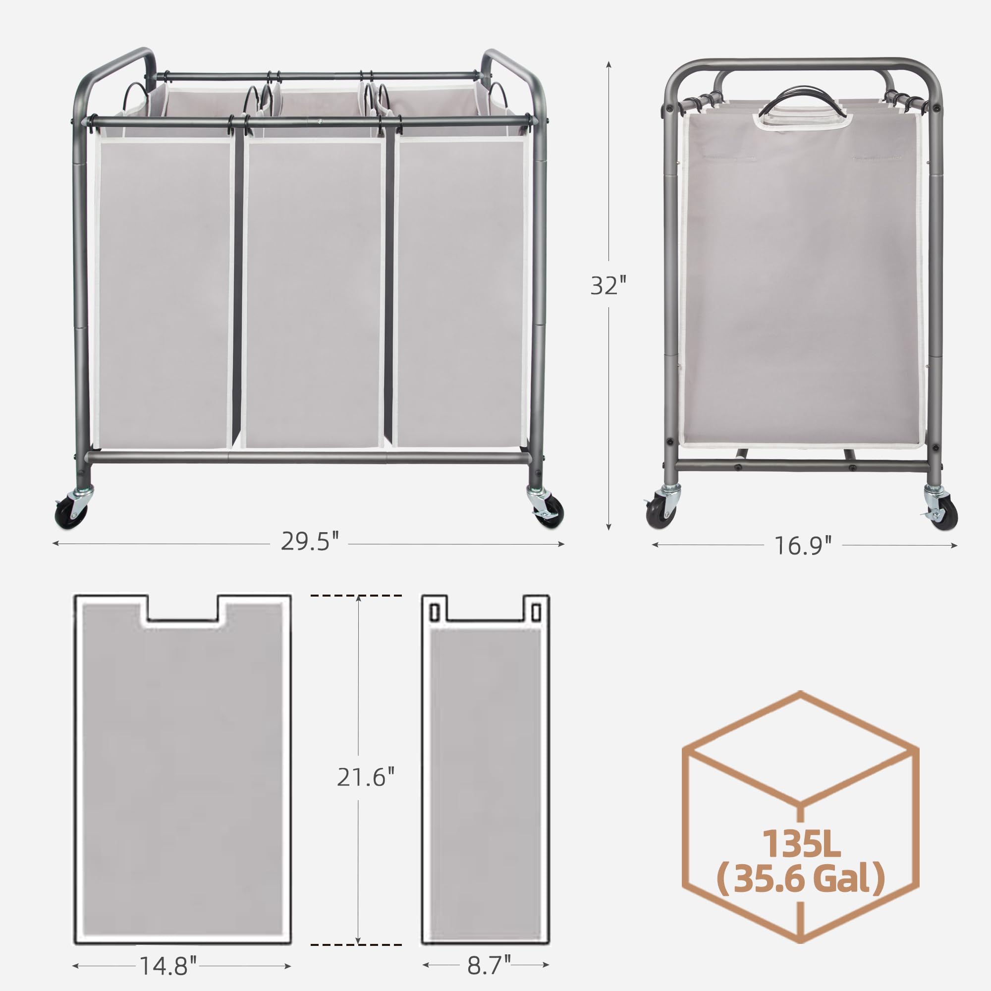 STORAGE MANIAC 3 Section Laundry Sorter, 35.9 Gal (136 L) Laundry Hamper Cart with Heavy Duty Rolling Lockable Wheels and Removable Bags, Clothes Organizer Basket Clothes Separator Hamper, Gray