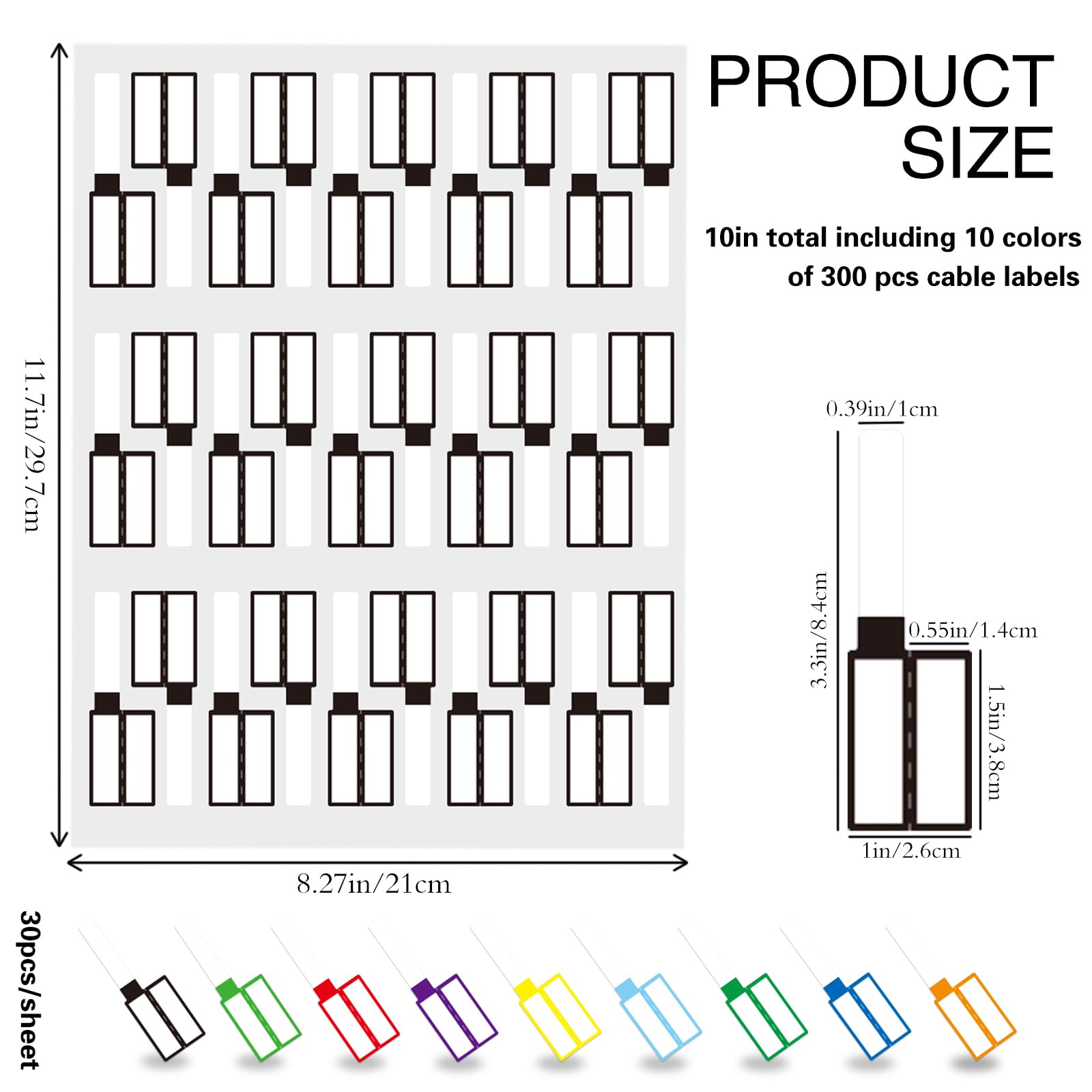 300 PCS Waterproof Cable Tags, 10 Colors Wire Labels for Management, Color Border Cord Labels Can Write On, Self Adhesive