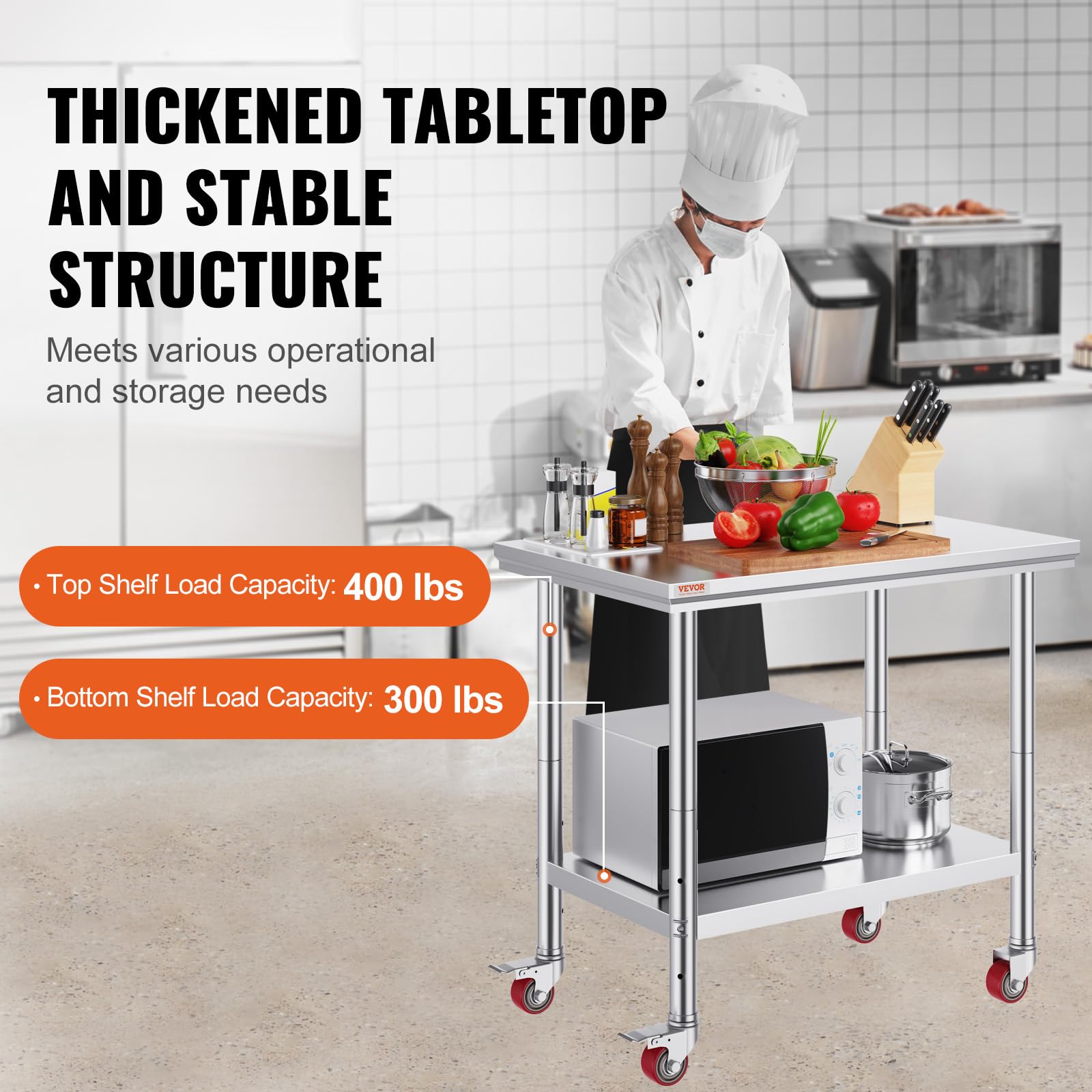 Vevor Mophorn Edelstahl Arbeitstisch 91x61 cm mit 4 Rollen, Schwerlast-Rollen Arbeitstisch für die Lebensmittelzubereitung in der Großküche, Restaurant, Silber