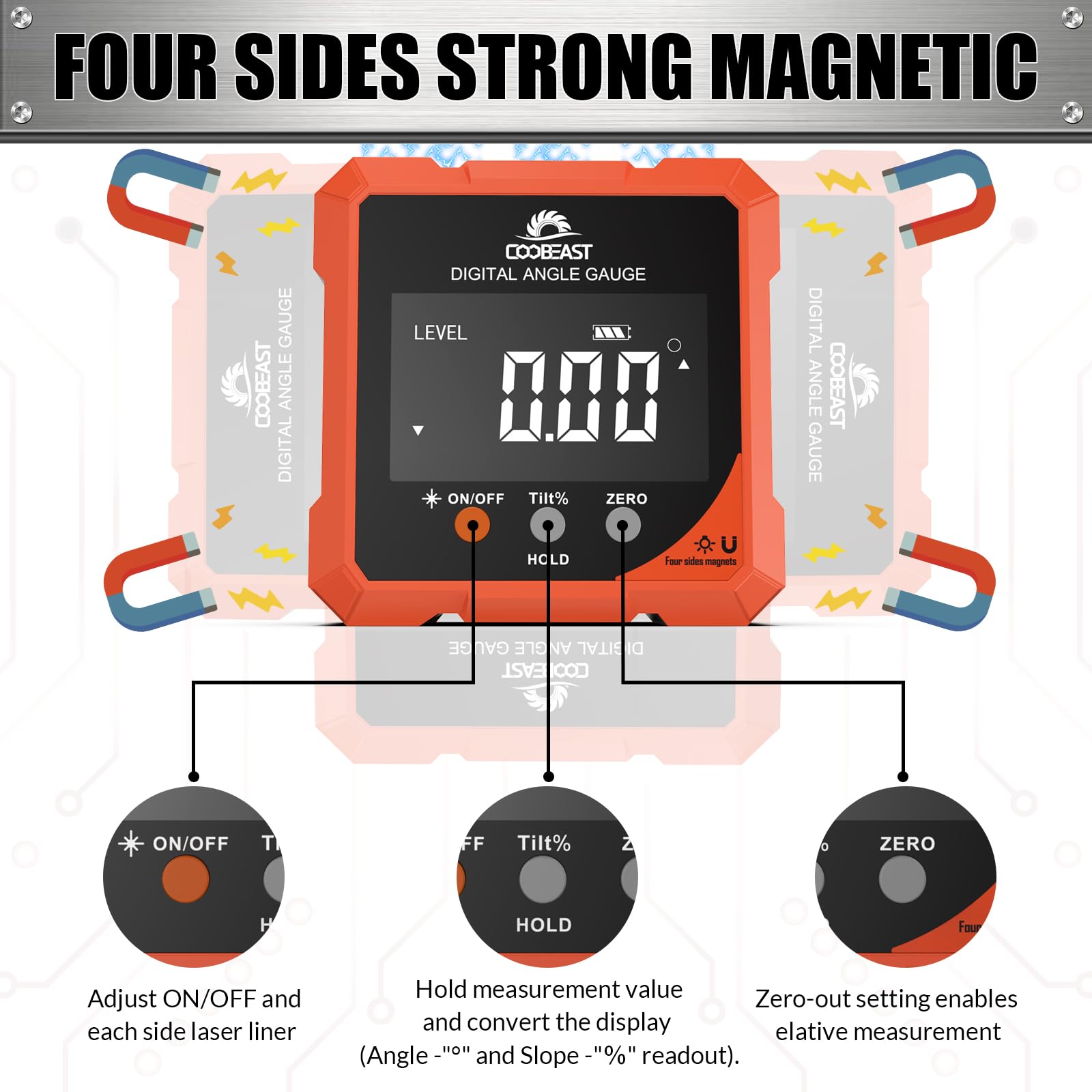 Coobeast Digital Angle Finder Magnetic, Rechargeable Digital Angle Gauge, Mini Protractor Angle Finder Measuring Tool for Woodworking Tablesaw(Laser Level is Class II, Output<5mW), Gift for Men