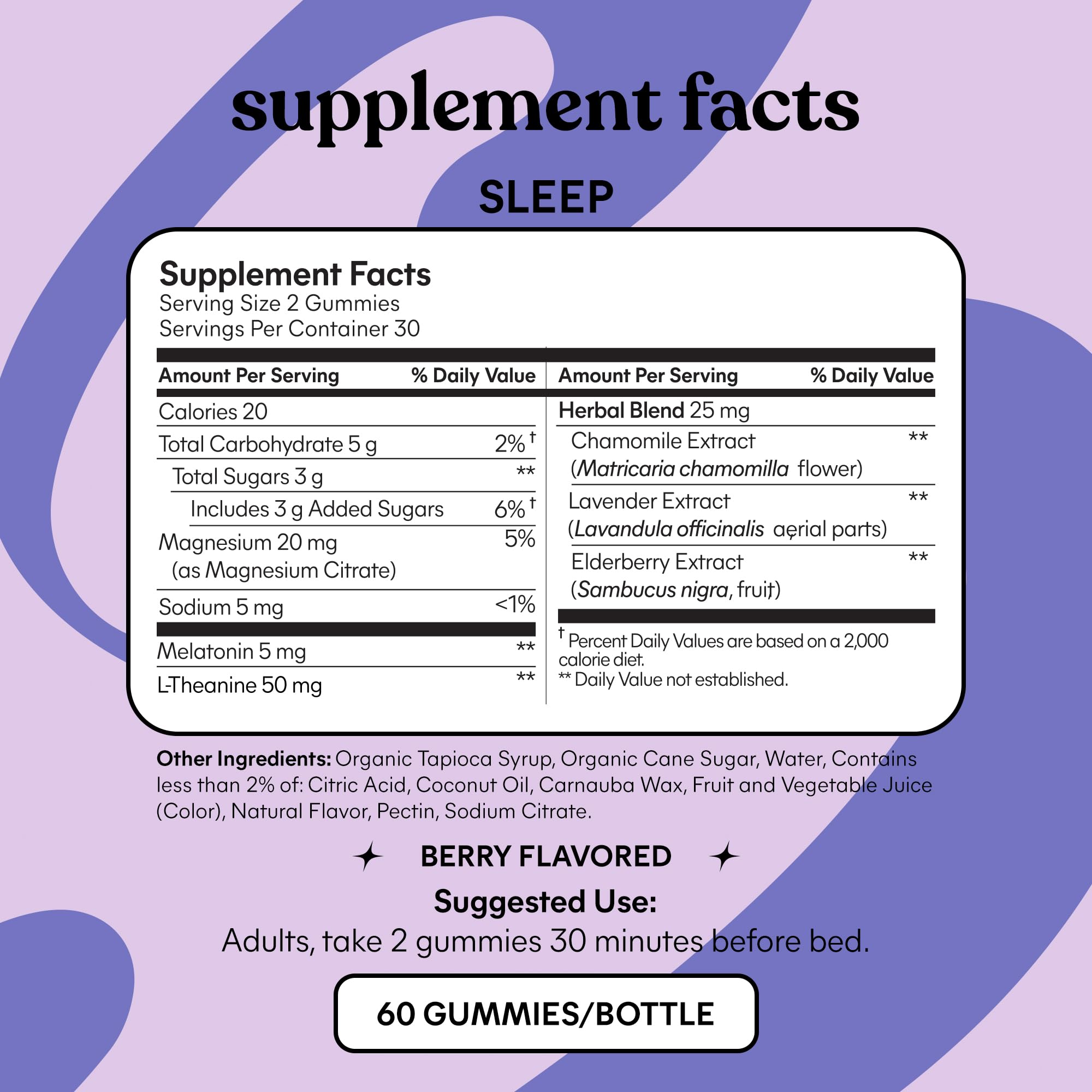 Lemme Sleep Gummies with 5mg Melatonin, Elderberry, Magnesium, L-Theanine, Chamomile and Lavender, Drug-Free Nighttime Sleep Aid, Gluten Free, Gelatin Free, Non GMO, Berry Flavored (60 Count)