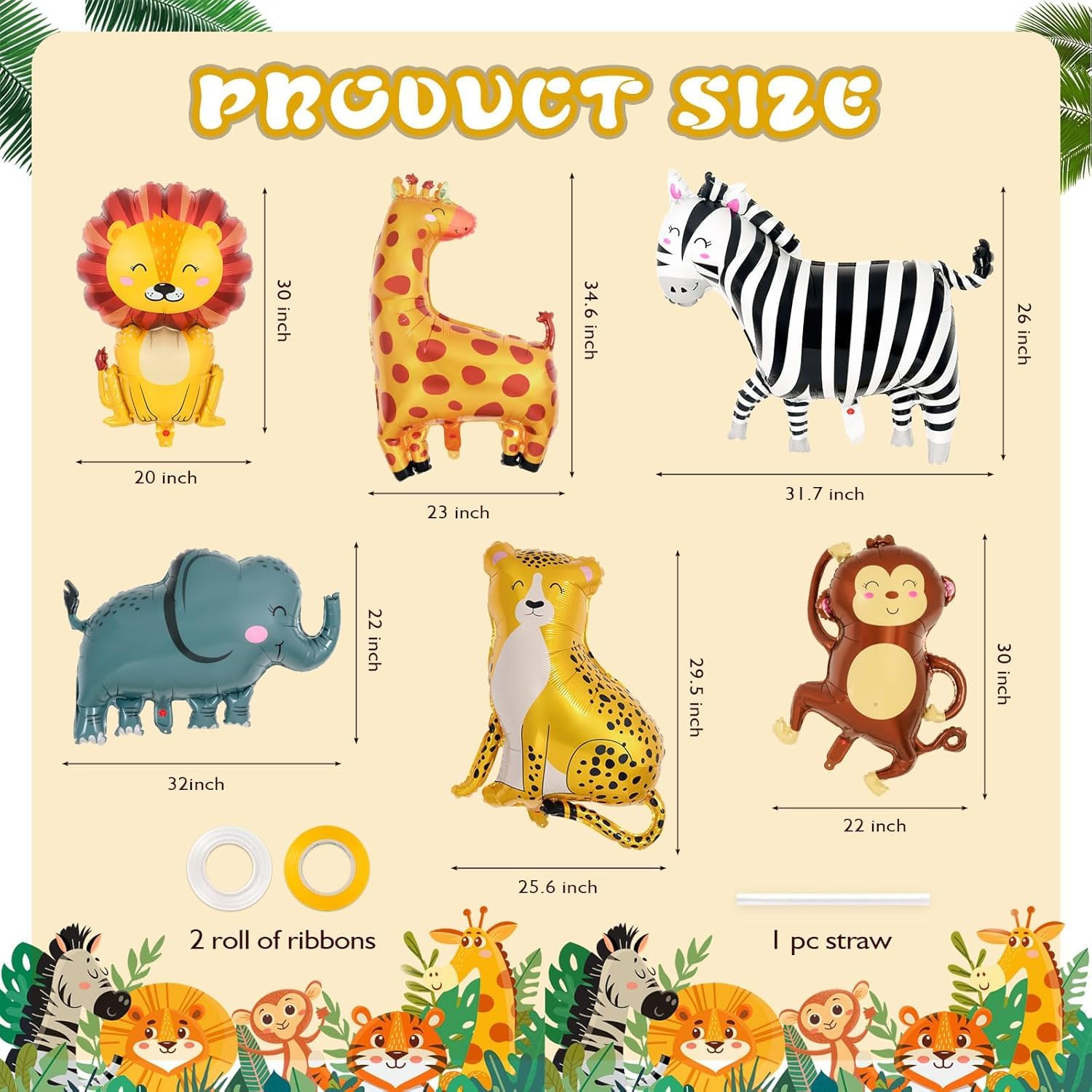 6 Pcs Safari Balloons, Jungle Safari Animals Foil Balloons, Giant Zoo Animal Balloon Zebra Elephant Monkey Lion Giraffe Leopard Shaped Animal Balloon for Zoo Wildlife Theme Birthday Party Decorations