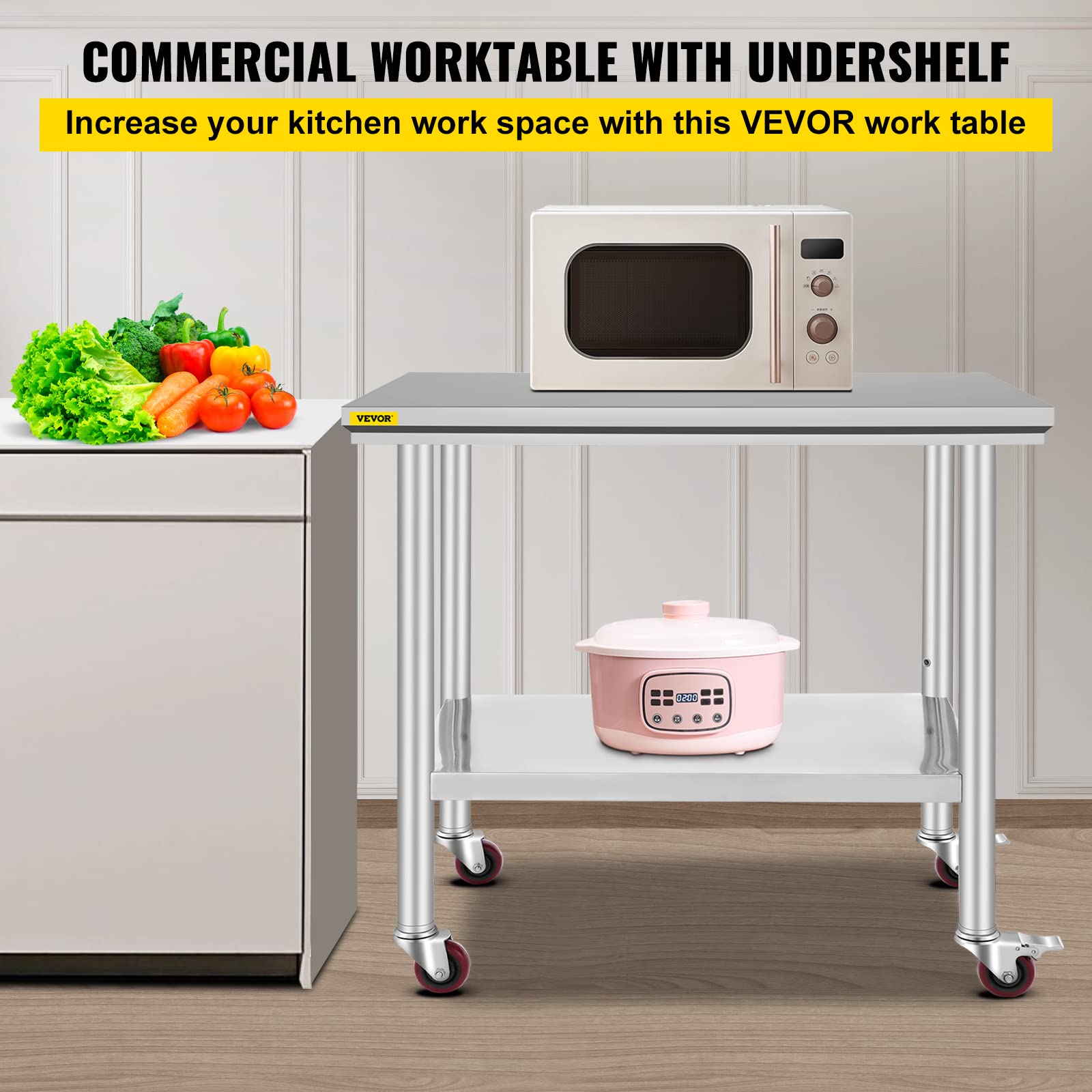 Vevor Mophorn Stainless Steel Work Table 36x24 Inch with 4 Wheels, Casters Heavy Duty Food Prep Worktable for Commercial Kitchen Restaurant, Silver