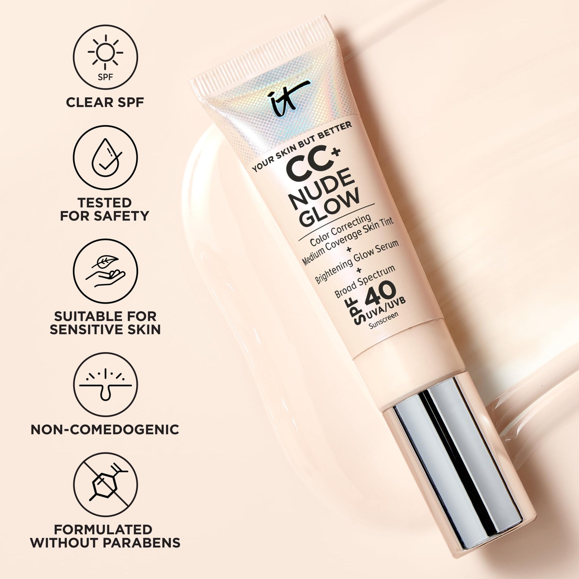 IT Cosmetics CC+ Nude Glow (Light Medium) - Medium Coverage Foundation with SPF 40 & Brightening Glow Serum, Lightweight Skin Tint, 2% Niacinamide + Hyaluronic Acid, Up to 24H Hydration - 1.08 fl oz
