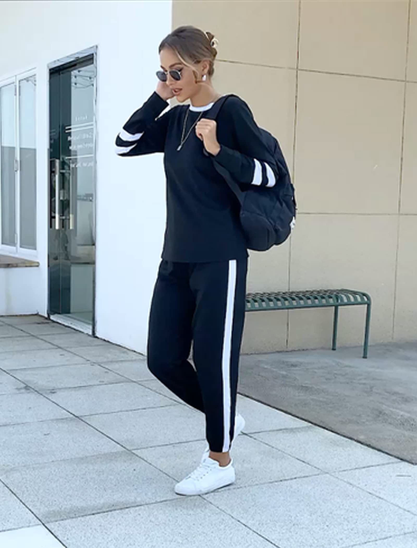 Airplane Outfits for Women 2025 Business Casual Fall Clothes Womens Loungewear Set Early Fall Fashion Tracksuit School Outfits for Teachers Workout Sets Old Money Clothes Black L
