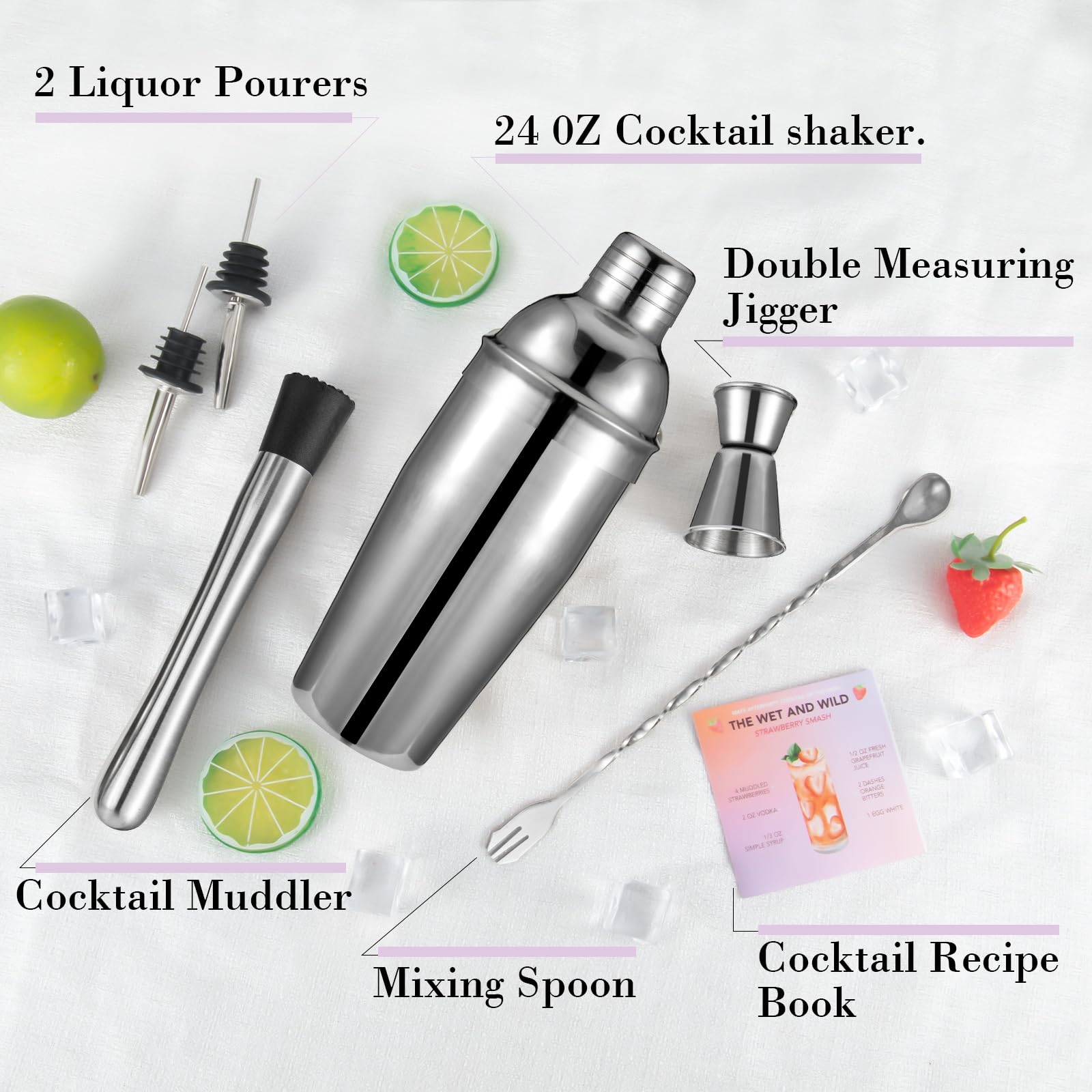 Cocktail Shaker Set, 6-Piece Mixology Bartender Kit Premium Shakers Bartending: Martini Shaker Jigger Mixing Spoon Muddler 2 Pourers Bar Tools Set with Built-in Bartender Strainer for Drink Shaker