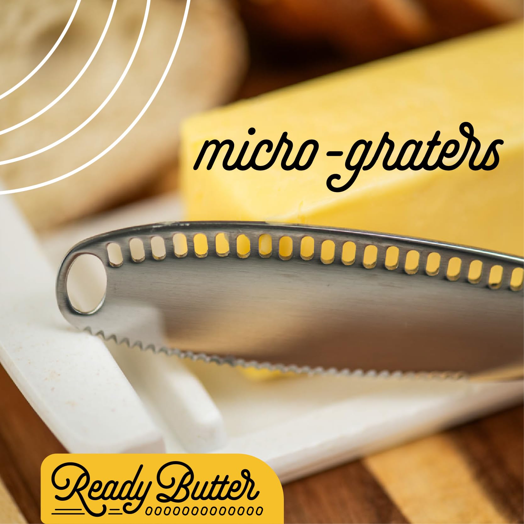 Houseify READY BUTTER 3-in-1 Butter Knife - Stainless Steel Serrated Knife With Holes in Blade - Cold Butter Spreader, Curler & Micro Grater - Dishwasher Safe