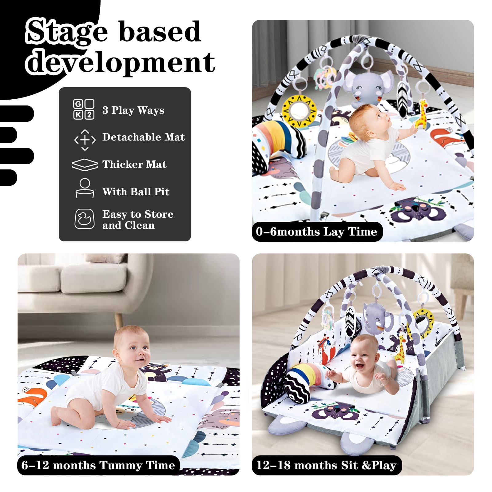 TFDER Baby Gym Play Mat, 8-in-1 Tummy Time Mat & Activity Gym, Washable Ball Pit, Infant Play Mat with Detachable Toys for Sensory Exploration and Motor Skill Development