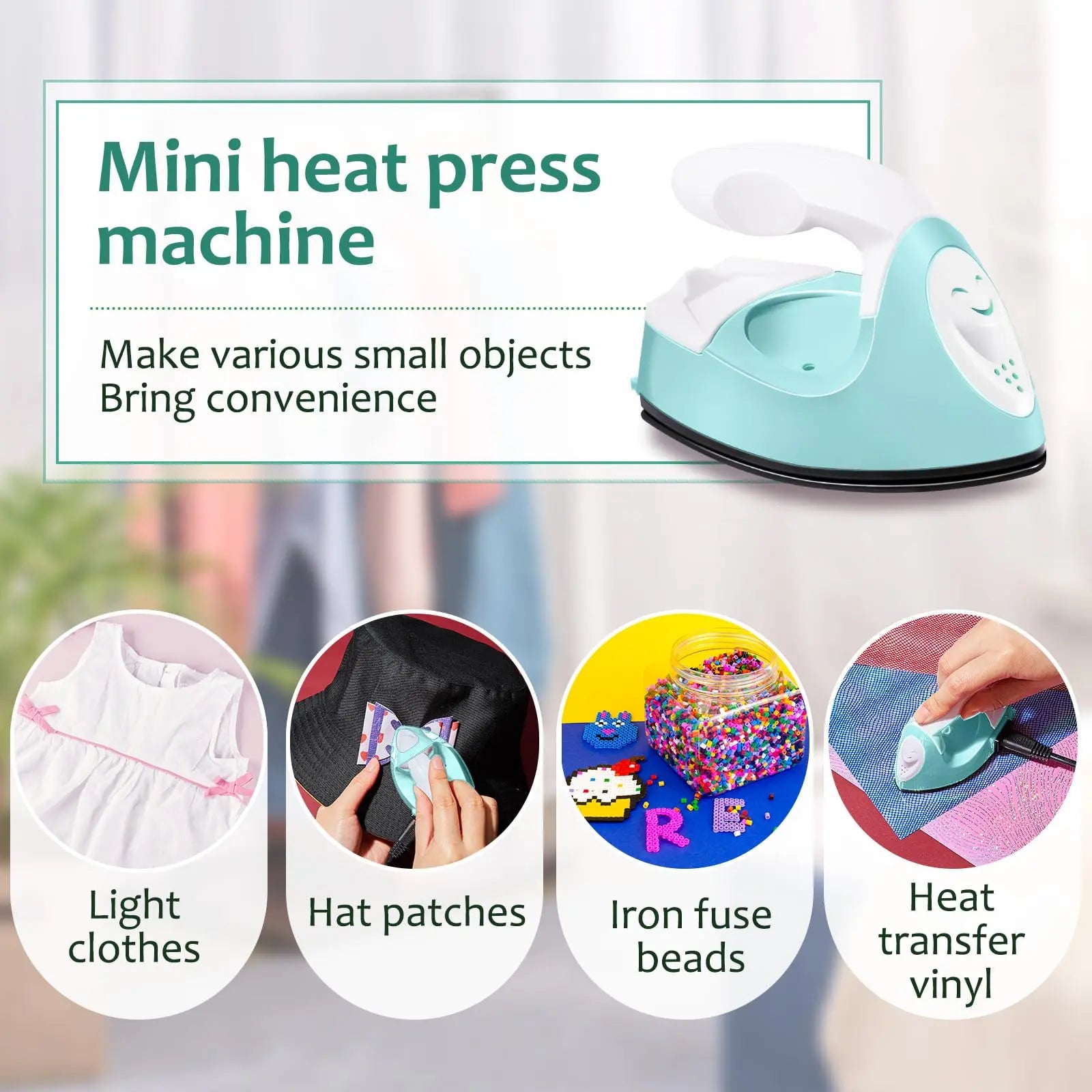 Honoson Mini Craft Iron Mini Heat Press Small Iron Portable Handy Tiny Flatiron with Charging Base Accessories for Fuse Beads Patch DIY Shoes T-Shirts Heat Transfer Vinyl Projects(Mint Green)