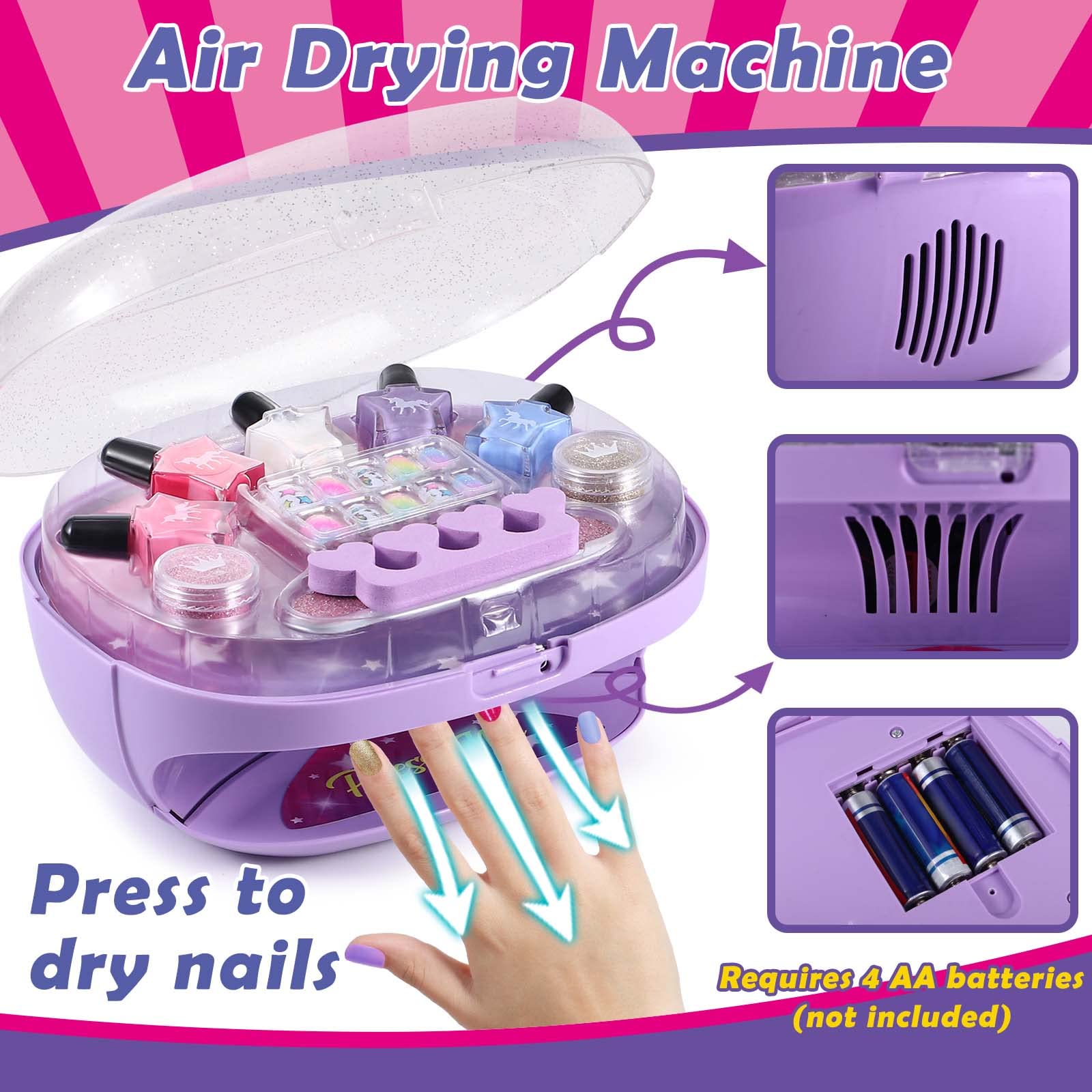 Golray Kids Nail Polish Set for Girls, All-in-One Nail Art Kit - Dryer/ Glitter Powder/ False Nails/ Nail Decals/ Toe Separator/File, Age 3-12 Little Girl Gift Toys