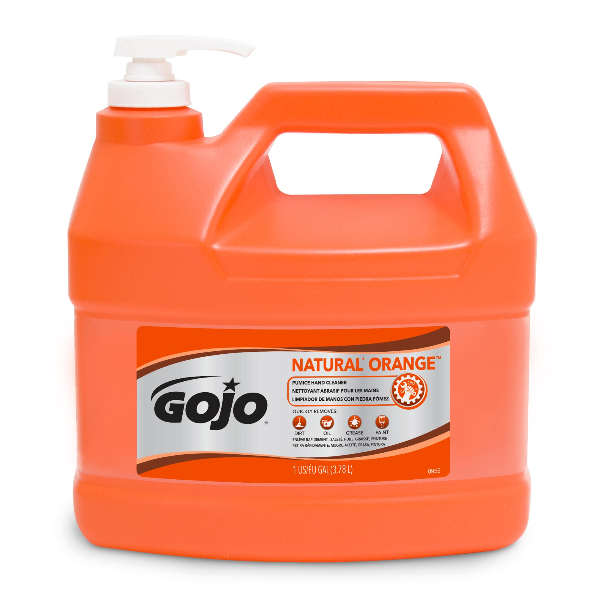 GOJO NATURAL ORANGE Bimsstein-Handreiniger, 1 Gallone schnell wirkender Handreiniger mit Bimsstein und Pumpspender (1er-Pack) – 0955-02
