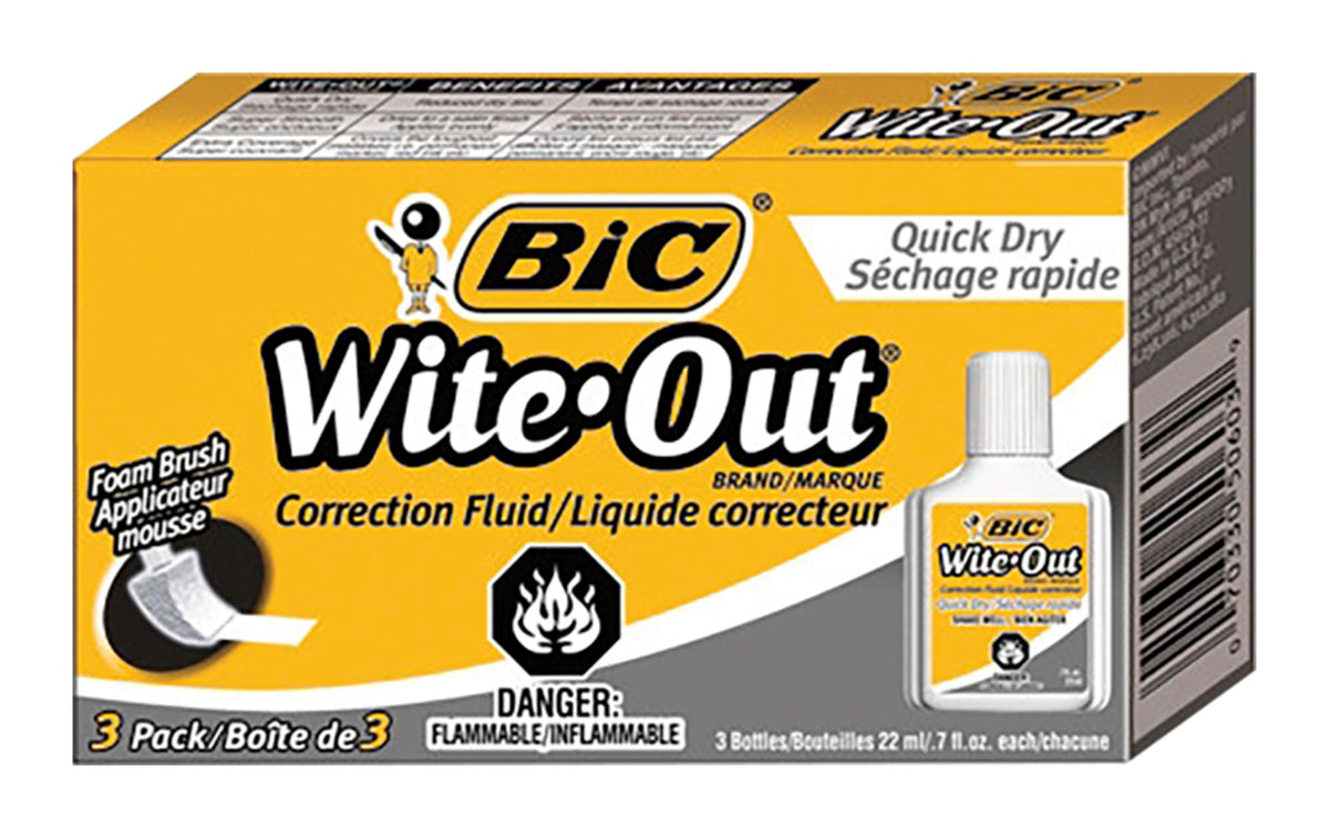 BIC Wite-Out Quick Dry Correction Fluid, 20 mL, White, Goes On Easy With A Reduced Dry Time, 3-Count Pack