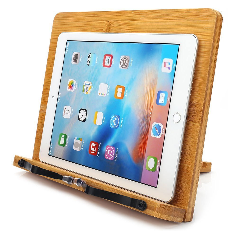 wishacc Bamboo Book Stand, Adjustable Book Holder Tray and Page Paper Clips-Cookbook Reading Desk Portable Stable Hard-Wearing Lightweight Bookstand-Textbooks Books