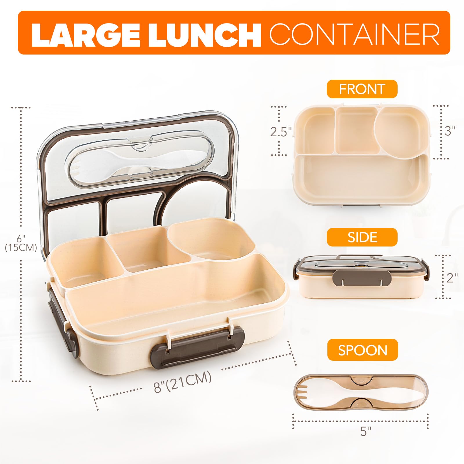 EASYFUN Bento Box Adult, Lunch Box Kids, 4-Compartment Lunch Containers, Drop-Proof, Dishwasher Safe & Made with BPA-Free Materials(Khaki)