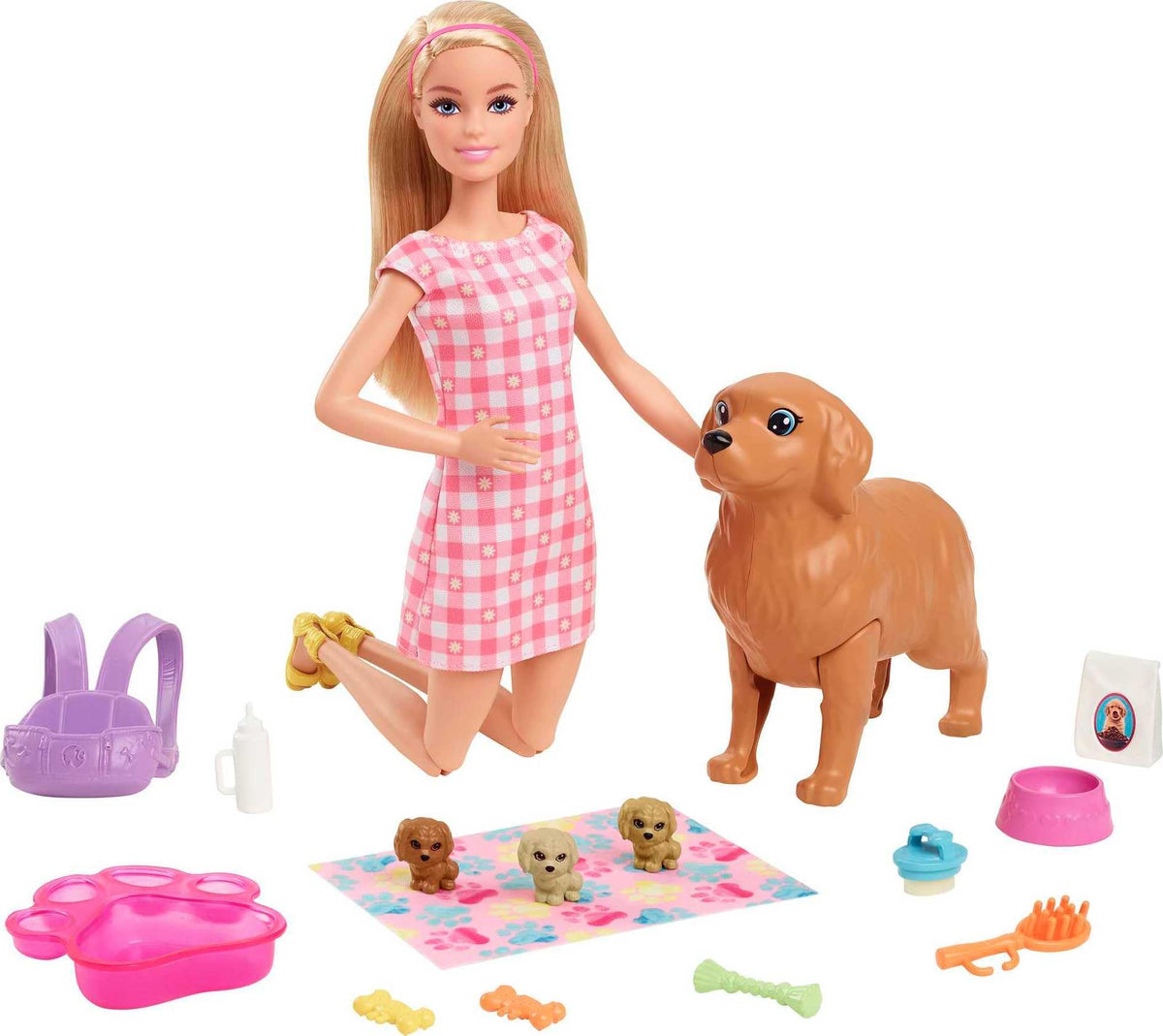 Barbie Puppen- und Haustierset, blond, mit Mama-Hund, 3 neugeborenen Welpen mit Farbwechsel-Funktion und Haustierzubehör