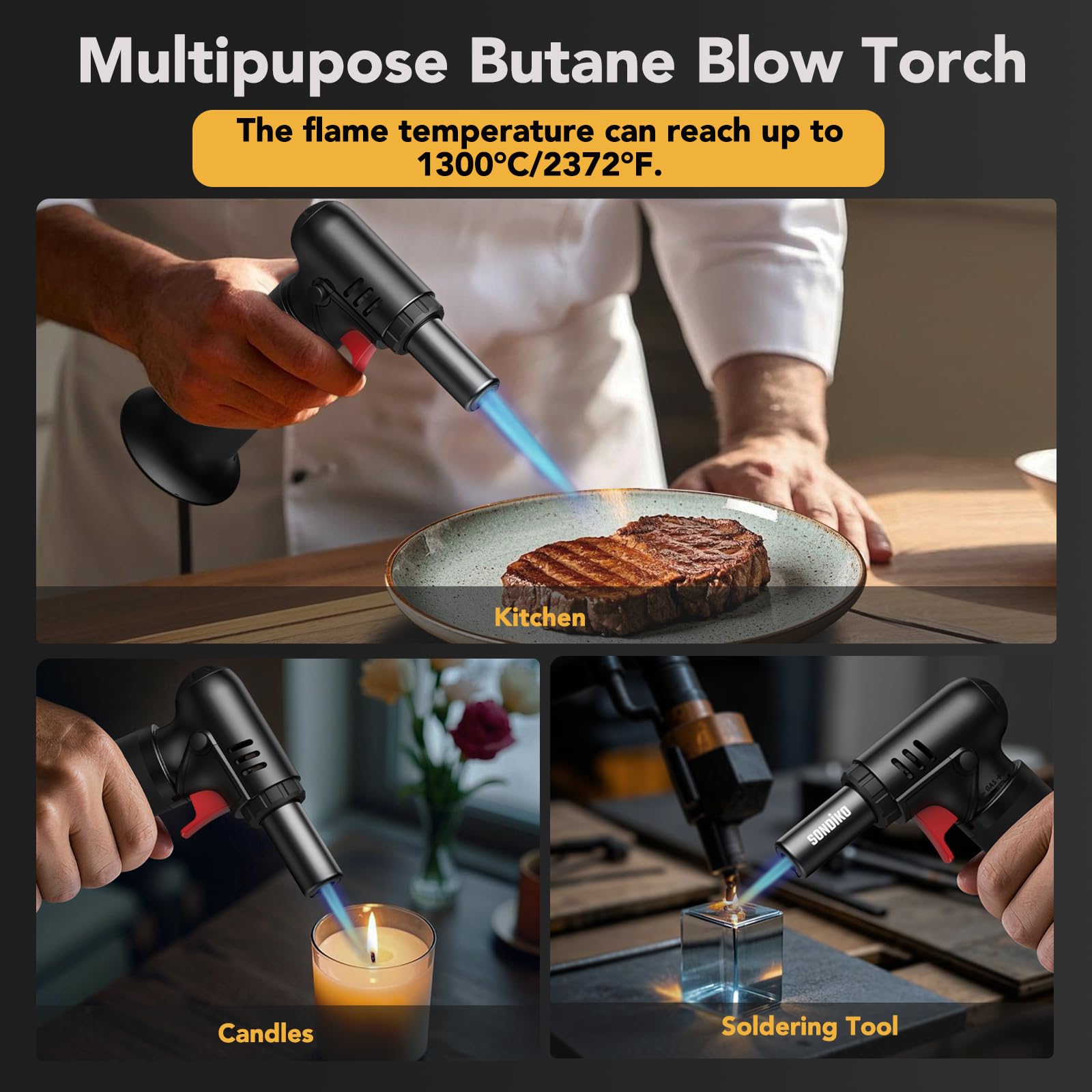 Sondiko Butane Torch with Fuel Gauge S907, Refillable Soldering Torch with Adjustable Flame for Welding, Resin Art, Industrial(Butane Gas Not Included)