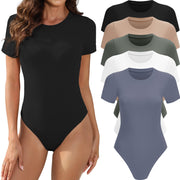 MLYENX 5 Pack Body Suits for Womens Short Sleeve Round Neck Casual Stretchy Basic T Shirt Bodysuit Tops M