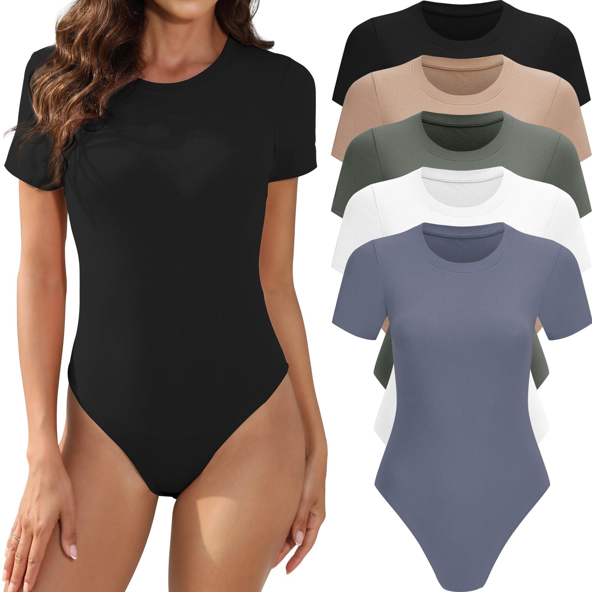 MLYENX 5 Pack Body Suits for Womens Short Sleeve Round Neck Casual Stretchy Basic T Shirt Bodysuit Tops M