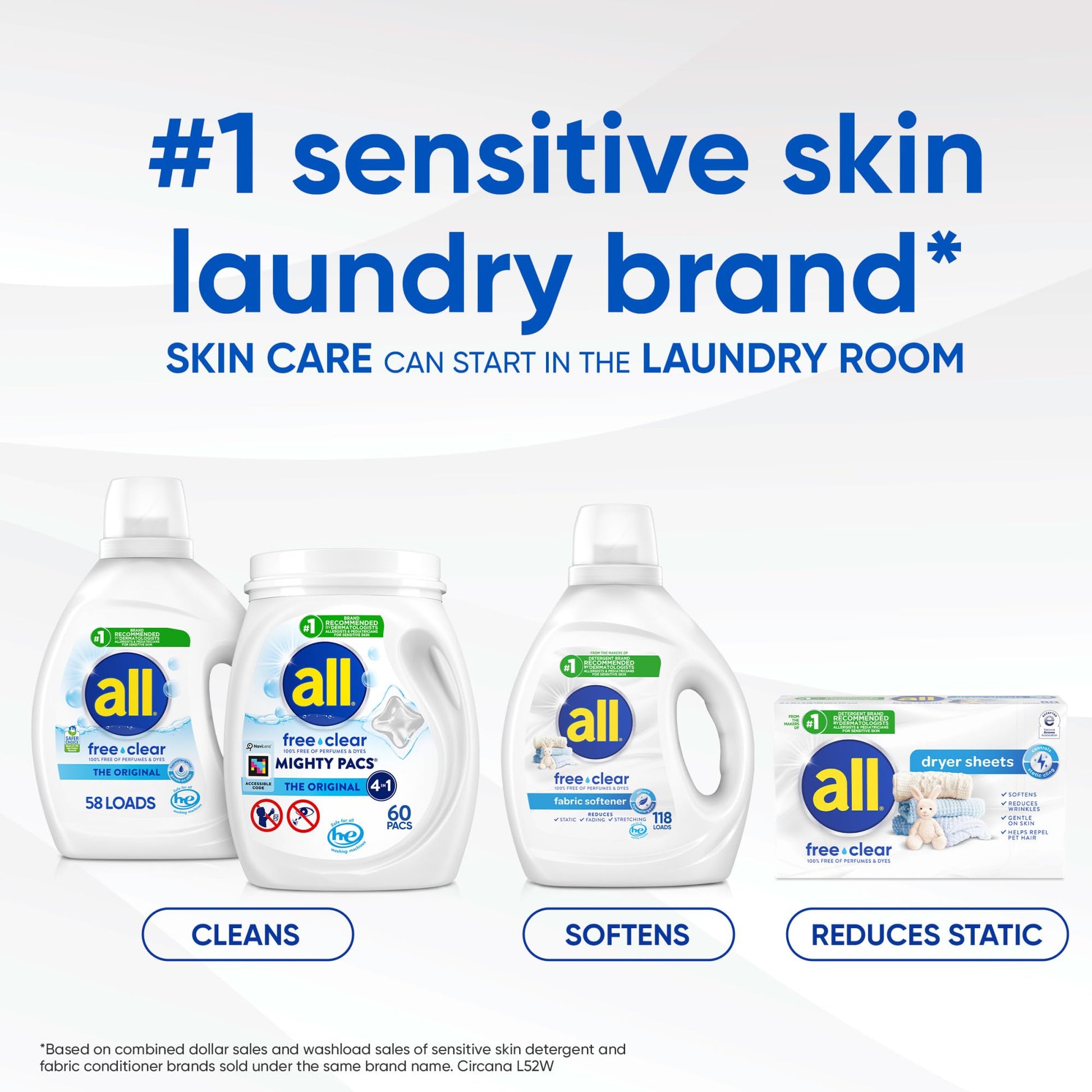 All Mighty Pacs Laundry Detergent, Free Clear for Sensitive Skin, Tub, 60 Count