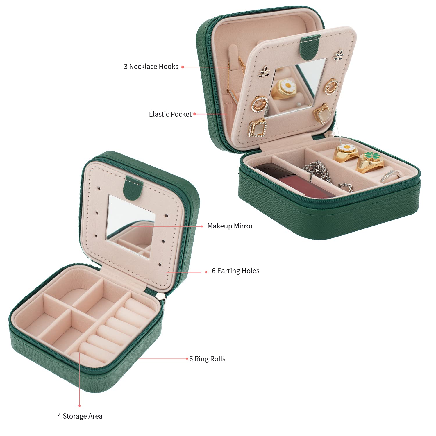 KElofoN Travel jewelry case Travel jewelry box Travel Jewelry Organizer Small box Gift for Girls Women with Mirror(Green)