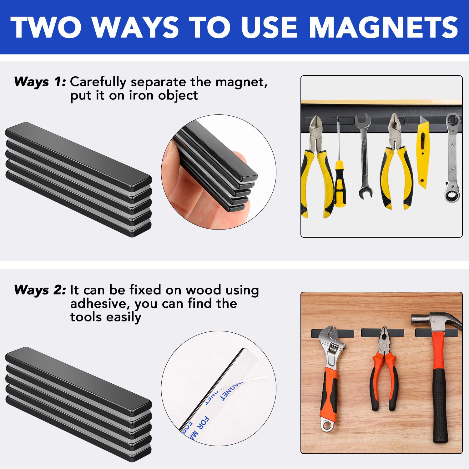 MIKEDE Neodymium Magnets, 5 Pack Black Super Strong Magnets Bar, Waterproof Heavy Duty Magnet with Adhesive Backing, Rare Earth Small Magnet Strips for Fridge, DIY, Craft, Science - 60x10x3 mm