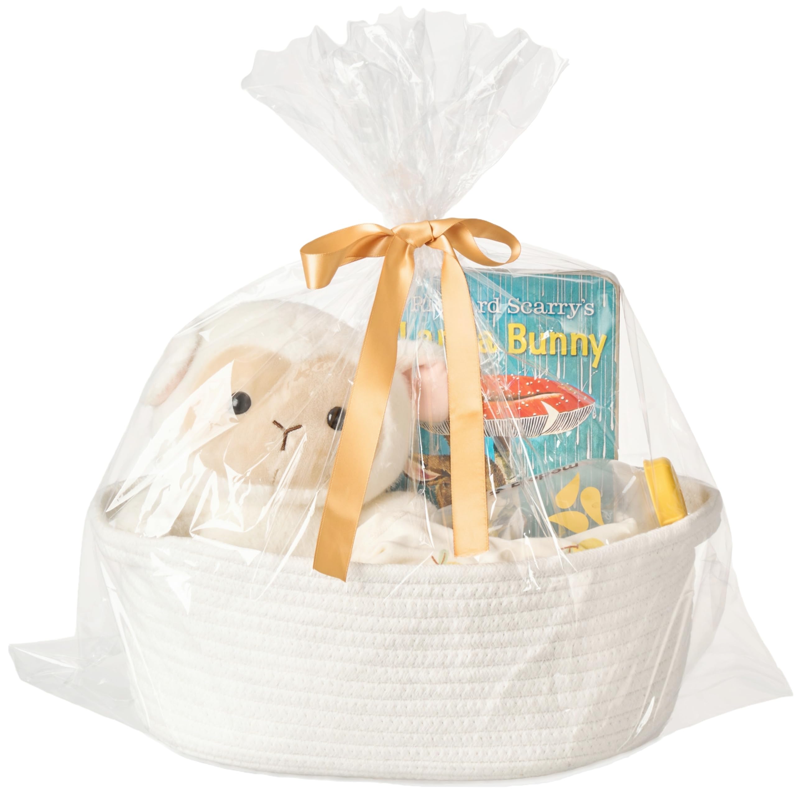 Gift Basket with Wrap Bag & Ribbon – Empty Small Woven Basket (12"x8"x5"), Cute Decorative Storage Organizer for Baby Showers, Pets, Toys, Shelves and More – White