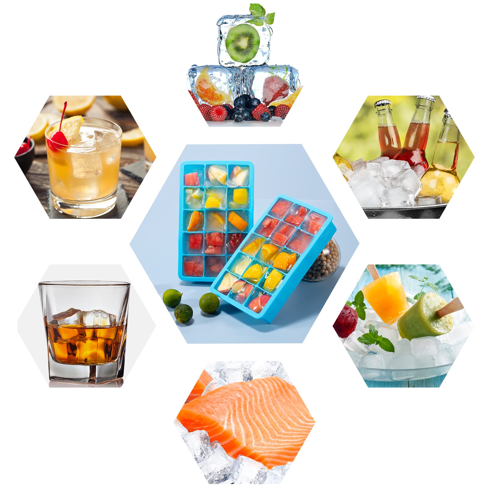 2 Pack Ice Cube Trays, ZDPMK Silicone Easy Release Flexible Molds 15 Ice Cubes Tray for Freezer，Cocktail，Whiskey，Reusable & BPA Free