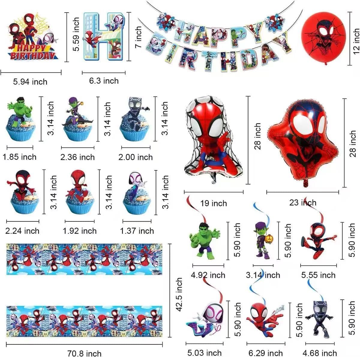 Cartoon spidey themed birthday party supplies. These decorations include "Happy Birthday" banners, tableware, tablecloths, balloons, large and small skewers, and party-themed decoration sets.