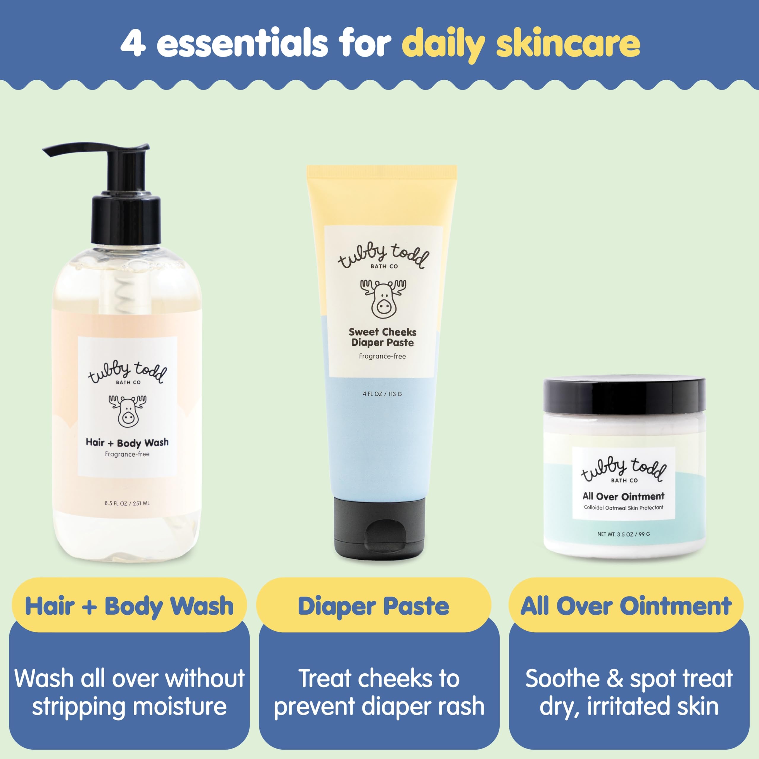 TUBBY TODD Baby Bundle Newborn Skin Care Set - Hypoallergenic Hair + Body Wash, All Over Ointment with Colloidal Oatmeal, Sweet Cheeks Diaper Paste - Fragrance Free, Standard Size
