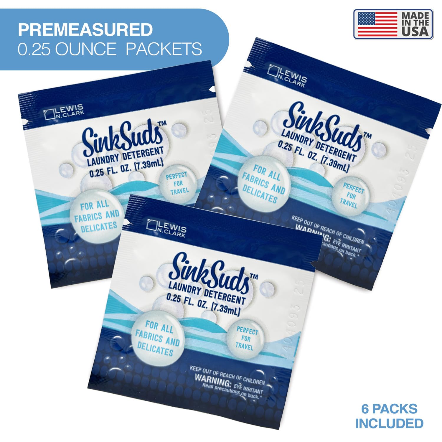 SinkSuds Laundry Detergent Travel Size Liquid Soap TSA Compliant Safe for All Fabrics 6 Packets & 1 Sink Stopper