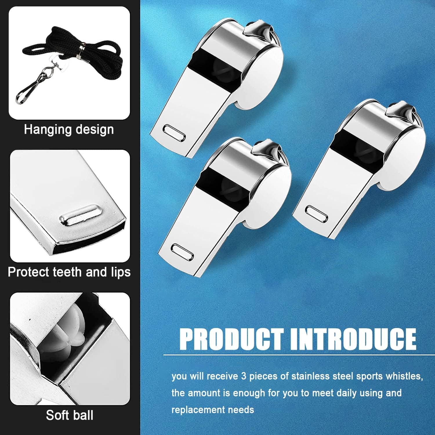 Tiankohelan 3 Pcs Whistle,Stainless Steel Sports Whistle with Lanyard for Coaches Referees Emergency Outdoor Sports