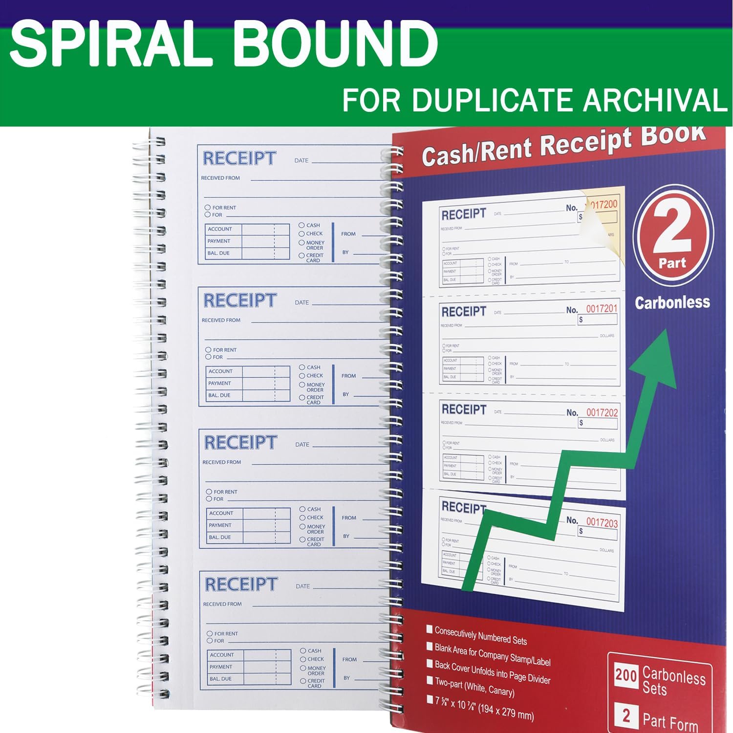 Money and Rent Receipt Book 2-Part Carbonless 7-5/8" x 11" Spiral Bound 200 Sets per Book 4 Receipts per Page(1pack)