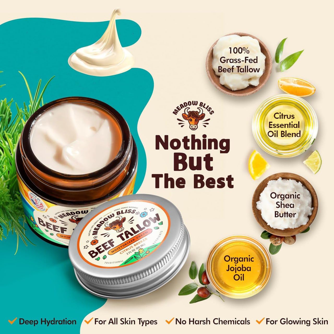Meadow Bliss Beef Tallow for Skin - Moisturizer Cream - 100% Grass Fed - Whipped Beef Tallow - Organic Jojoba Oil - Organic Shea Butter - Supports Eczema, Rosacea+ - Made in USA - Citrus Breeze - 2 oz