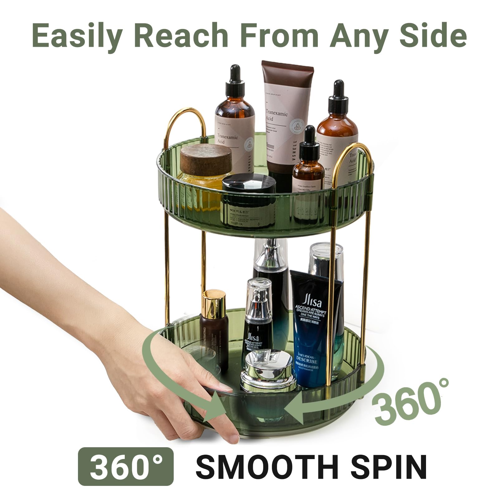 Asayuee 360 Rotating Makeup Organizer for Vanity,2 Tier Large Capacity Skincare Organizers,Bathroom Counter Organizer, Spinning Perfume Organizer & Vanity Organizer (Green-2 Tier)