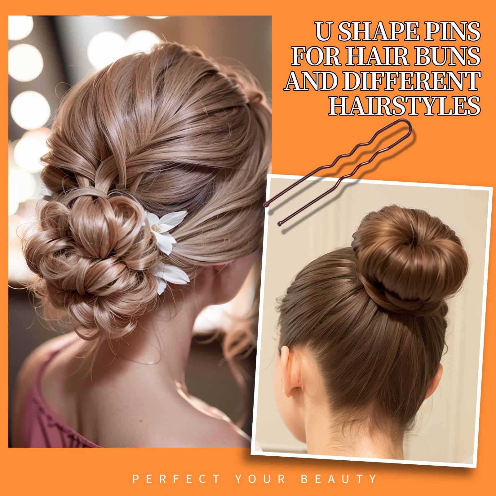 Teenitor 300pcs Bobby Pins Hair Pins Kit, 100 Hair Pin for Women 100 Bobby Pins Brown and 100 Hair Bands, Hair Pins for Buns 2inch 2.36inch 2.75inch