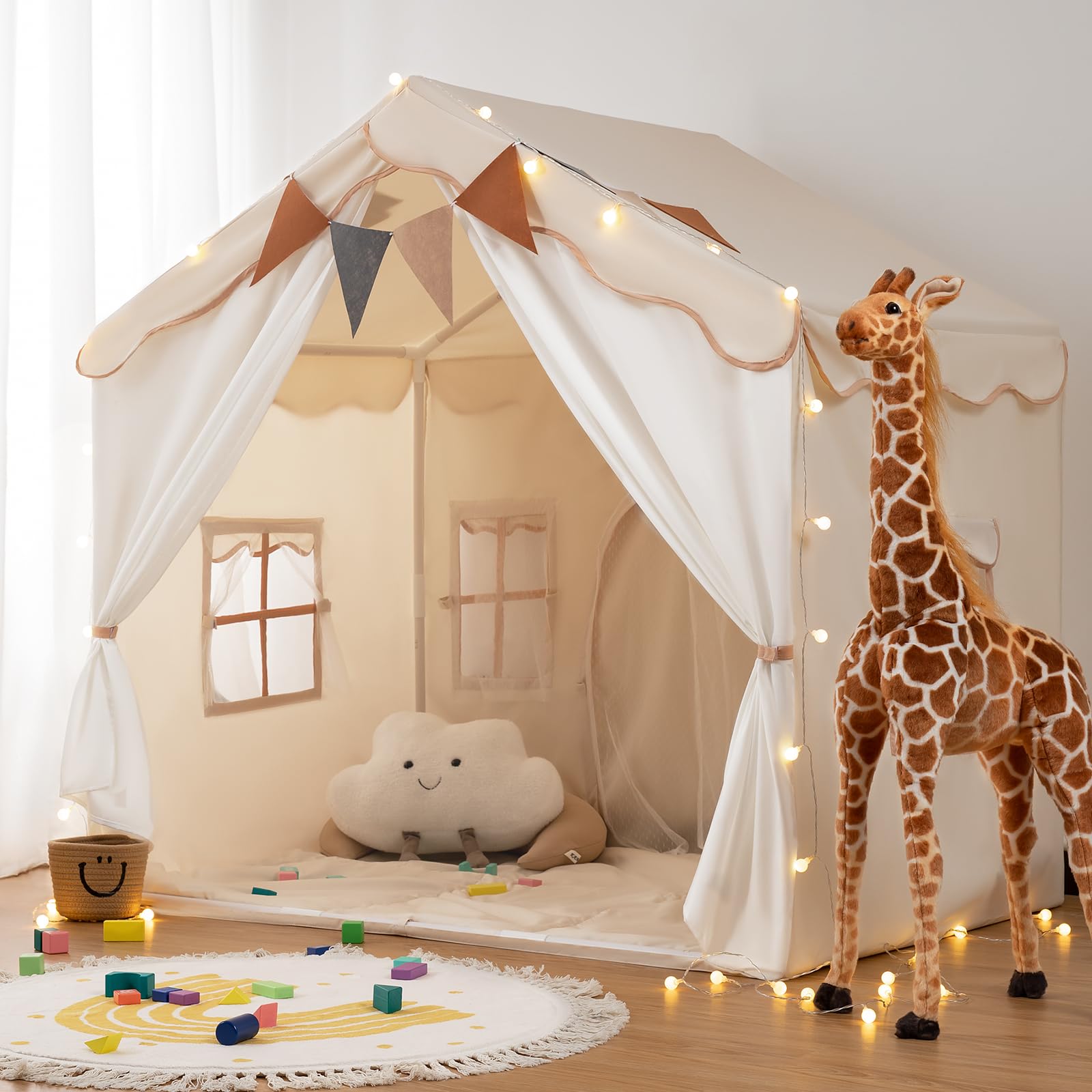 Besrey Kinderzelt 2-in-1 mit gepolsterter Matte und Lichtern, großes Kinder-Spielhaus mit 2 Türen und 4 Fenstern, für drinnen und draußen, Weihnachts-Kleinkindzelt, 130 x 90 x 130 cm
