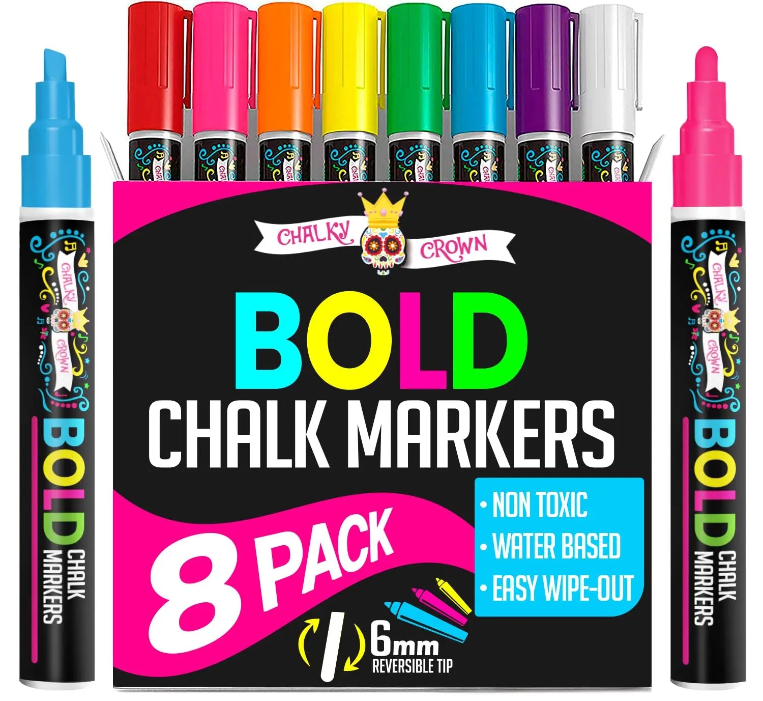 Liquid Chalk Markers for Blackboards - Bold Color Dry Erase Marker - Chalk Markers for Chalkboard Signs, Windows, Blackboard, Glass - 6mm Reversible Tip (8 Pack) - 24 Chalkboard Labels Included