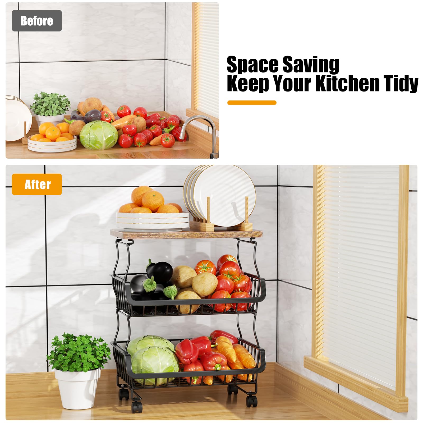 Gsiekare Fruit Vegetable Basket for Kitchen, 5 Tier Stackable Fruit Vegetable Storage Baskets with Wheels, Metal Wire Storage Basket Organizer Baskets for Kitchen, Pantry, Bathroom