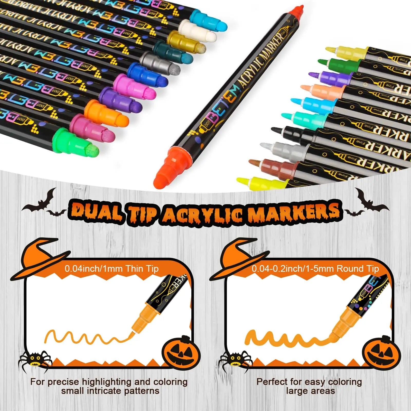 Betem 24 Colors Dual Tip Acrylic Paint Pens Markers, Premium Acrylic Paint Pens for Halloween Decorations, Wood, Canvas, Stone, Rock Painting, Glass, Ceramic Surfaces, Pumpkin Painting Kit DIY Crafts