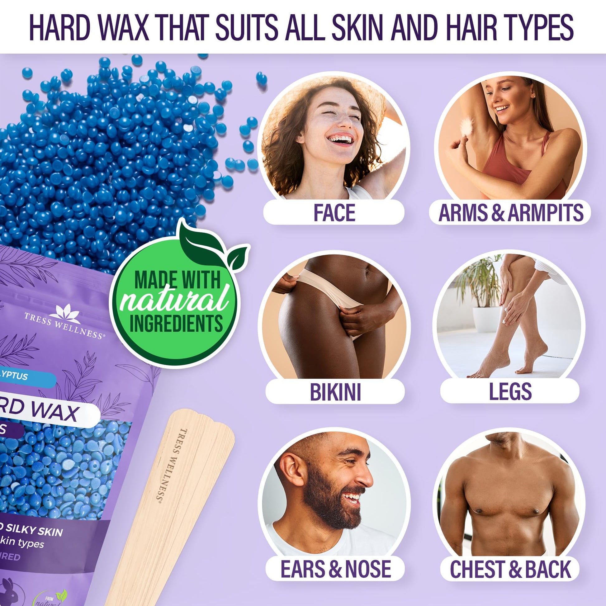 Tress Wellness Waxing Kit for Sensitive Skin, Safe for Face & Skin, Prep & Aftercare Spray, Easy to Use, At-Home Kit for Face, Bikini, Brazilian & Full Body - Digital Display, Black Purple Flower