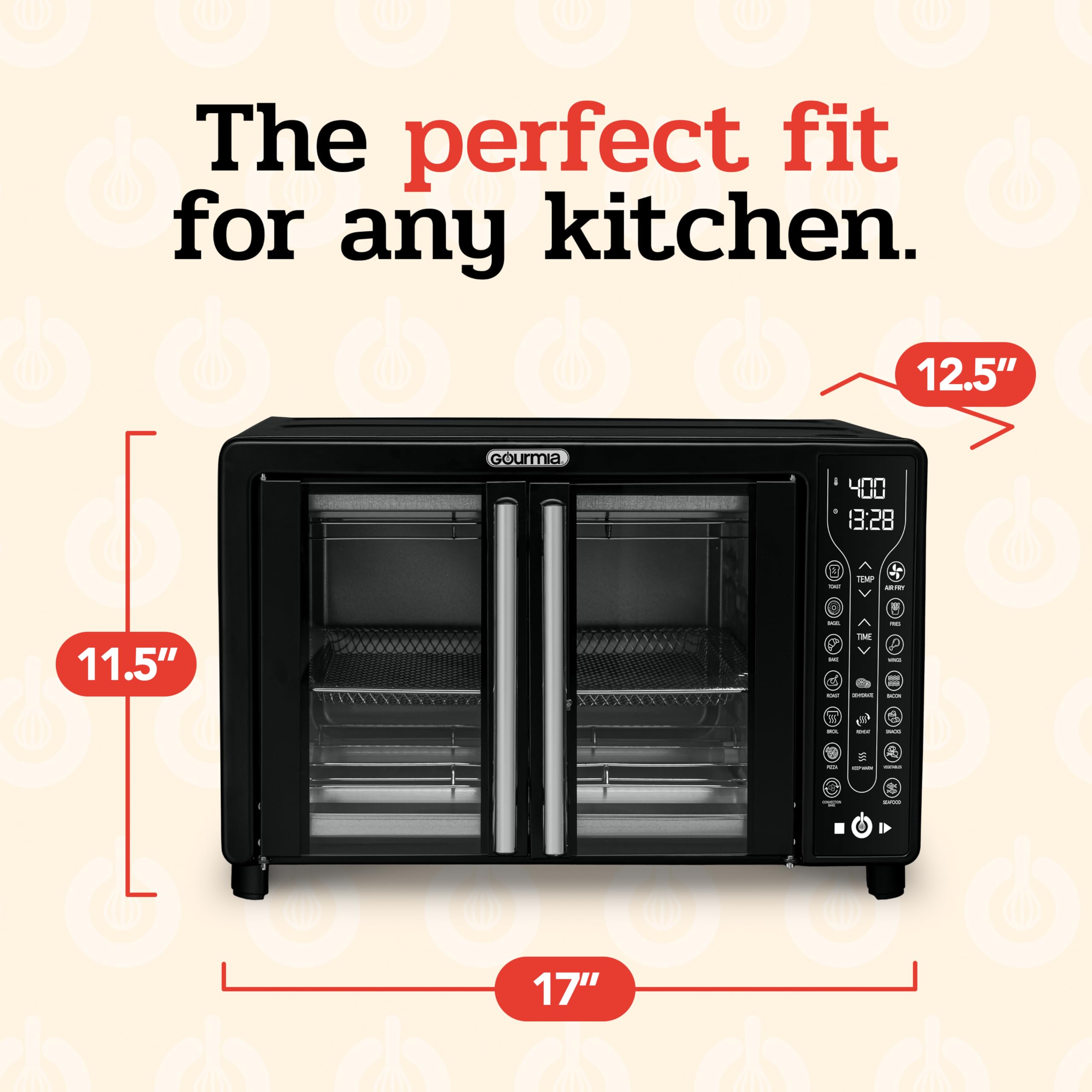 Gourmia Toaster Oven Air Fryer Combo 17 cooking presets 1700W french door digital air fryer oven 24L capacity accessories, convection rack, baking pan tray recipe book GTF7460,Large,Black
