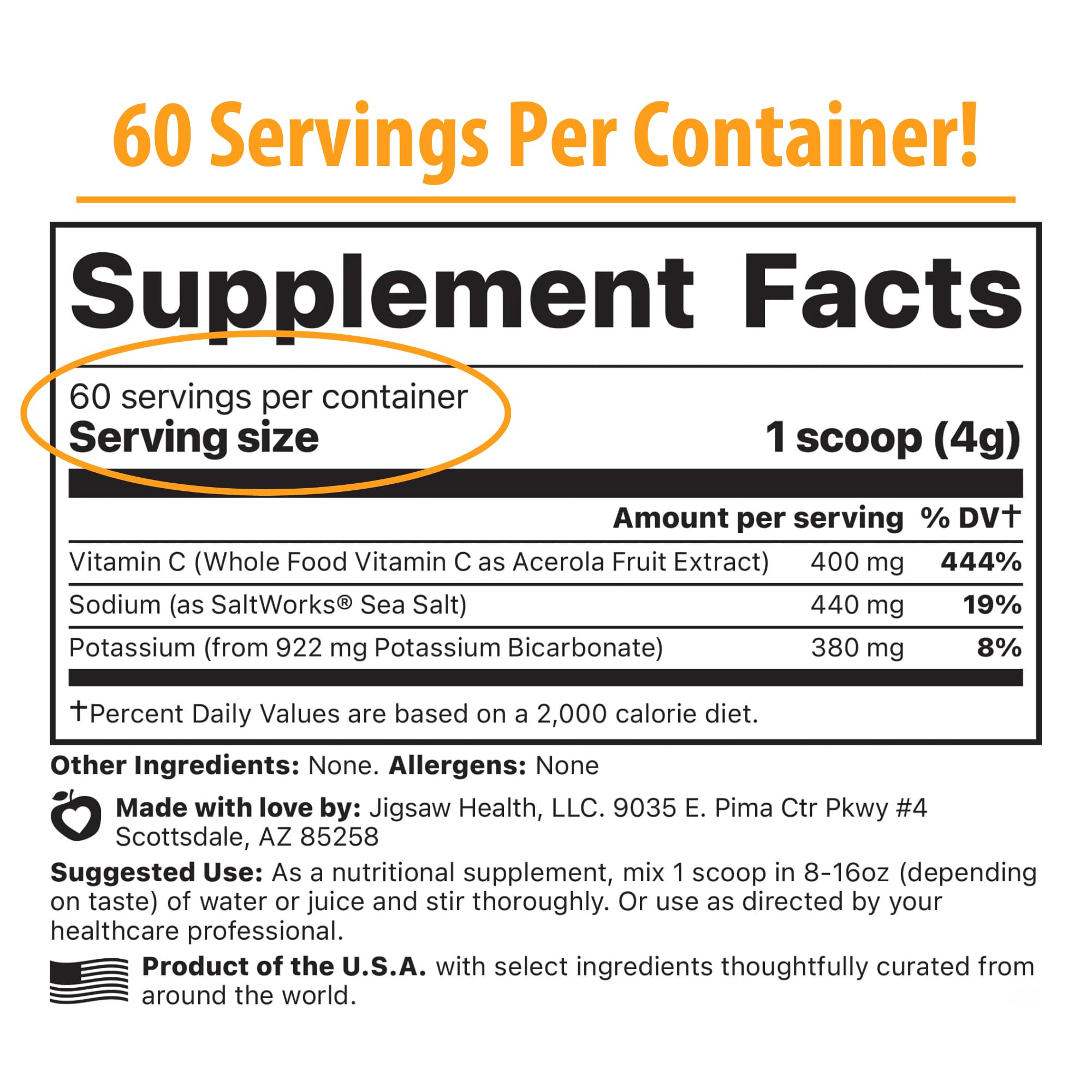 Jigsaw Health Adrenal Cocktail + Wholefood Vitamin C | with Potassium Bicarbonate, Sea Salt, and Acerola Cherry Extract | 60 Servings (Jar)