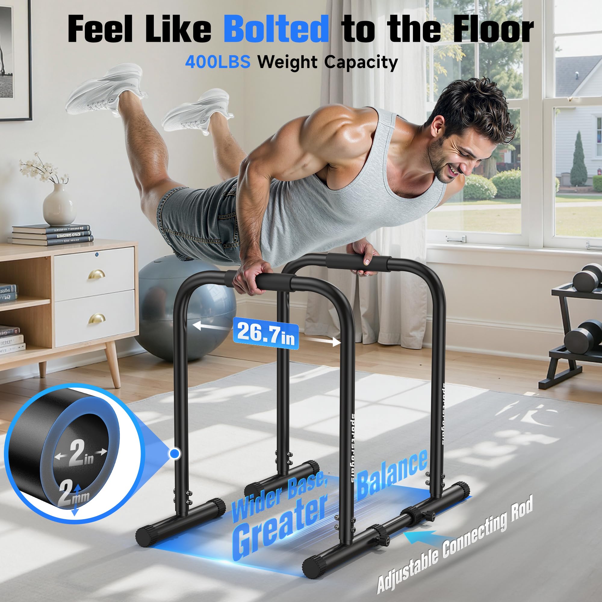 Sportsroyals Adjustable Dip Bar Station, Heavy Duty Parallette & Parallel Bars, 400LBS Stable Dip Stands for Home Gym, Calisthenics & Upper Body Workout Equipment