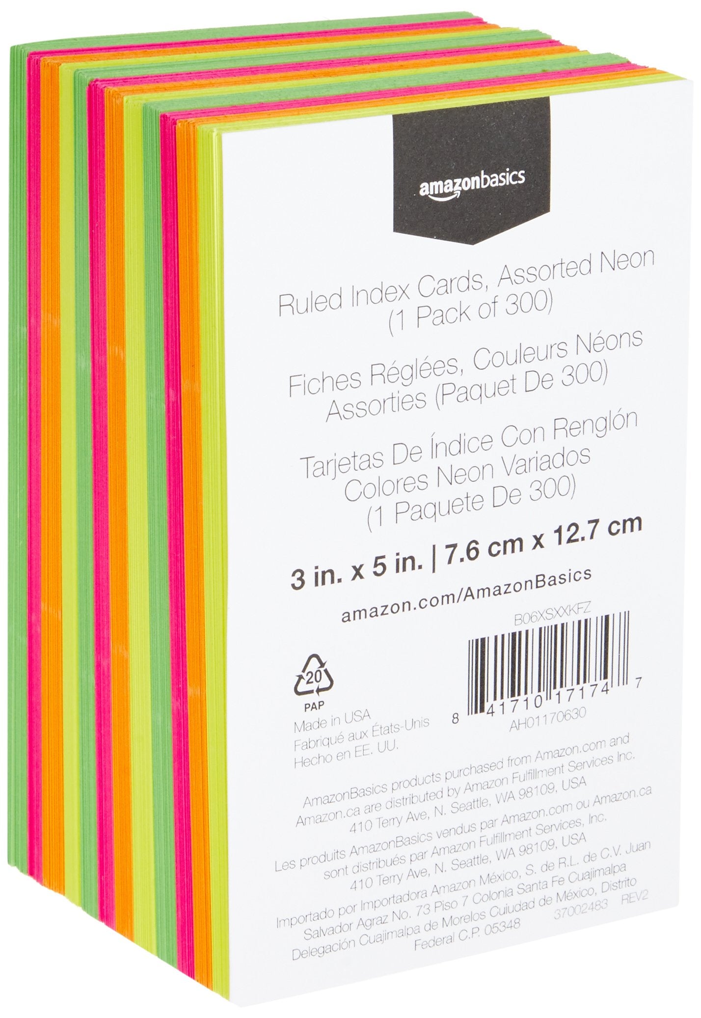 Amazon Basics Ruled Index Flash Cards for Studying and Note Taking, Assorted Neon Colored, 3x5 Inch, 300-Count